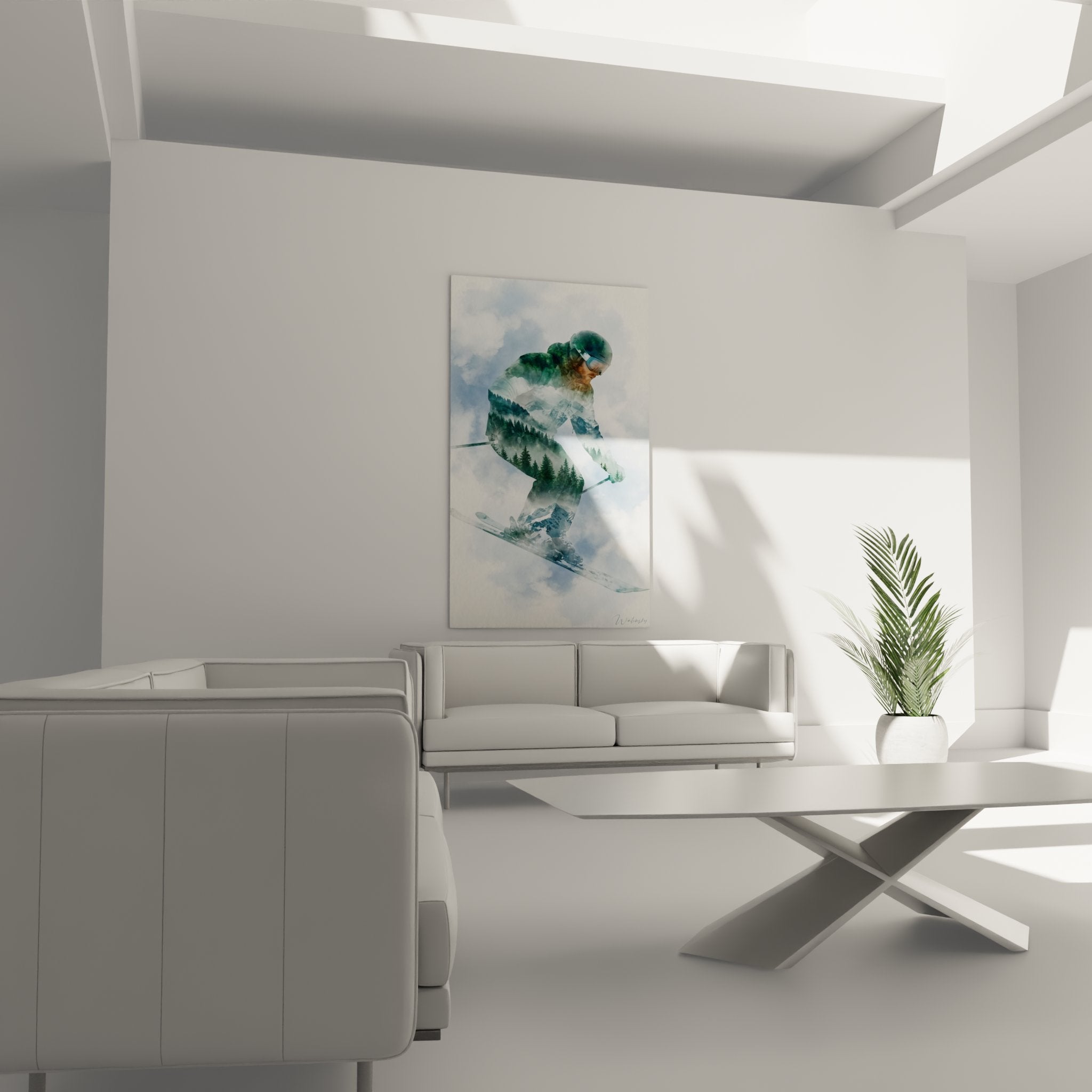 Nahaufnahme Skifahrer Wandbild mit Doppelbelichtung Bergmotiv und Nebel Details