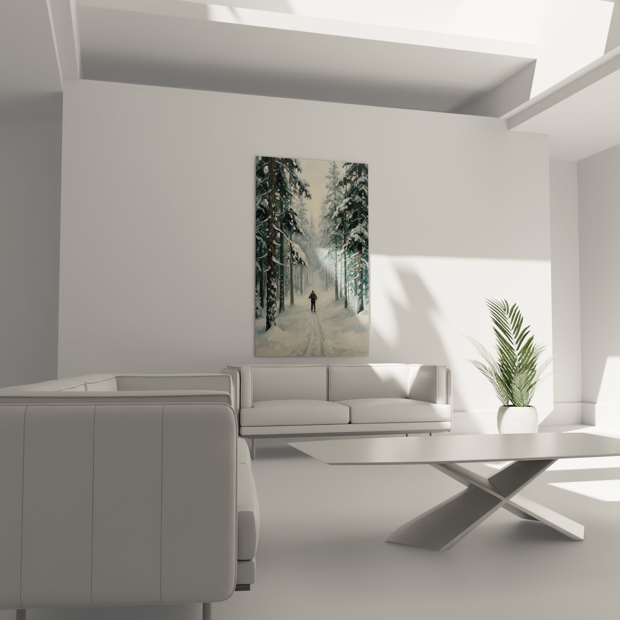 Nahaufnahme Wandbild Detail zeigt Skifahrer Silhouette zwischen verschneiten Tannenzweigen im Winterwald