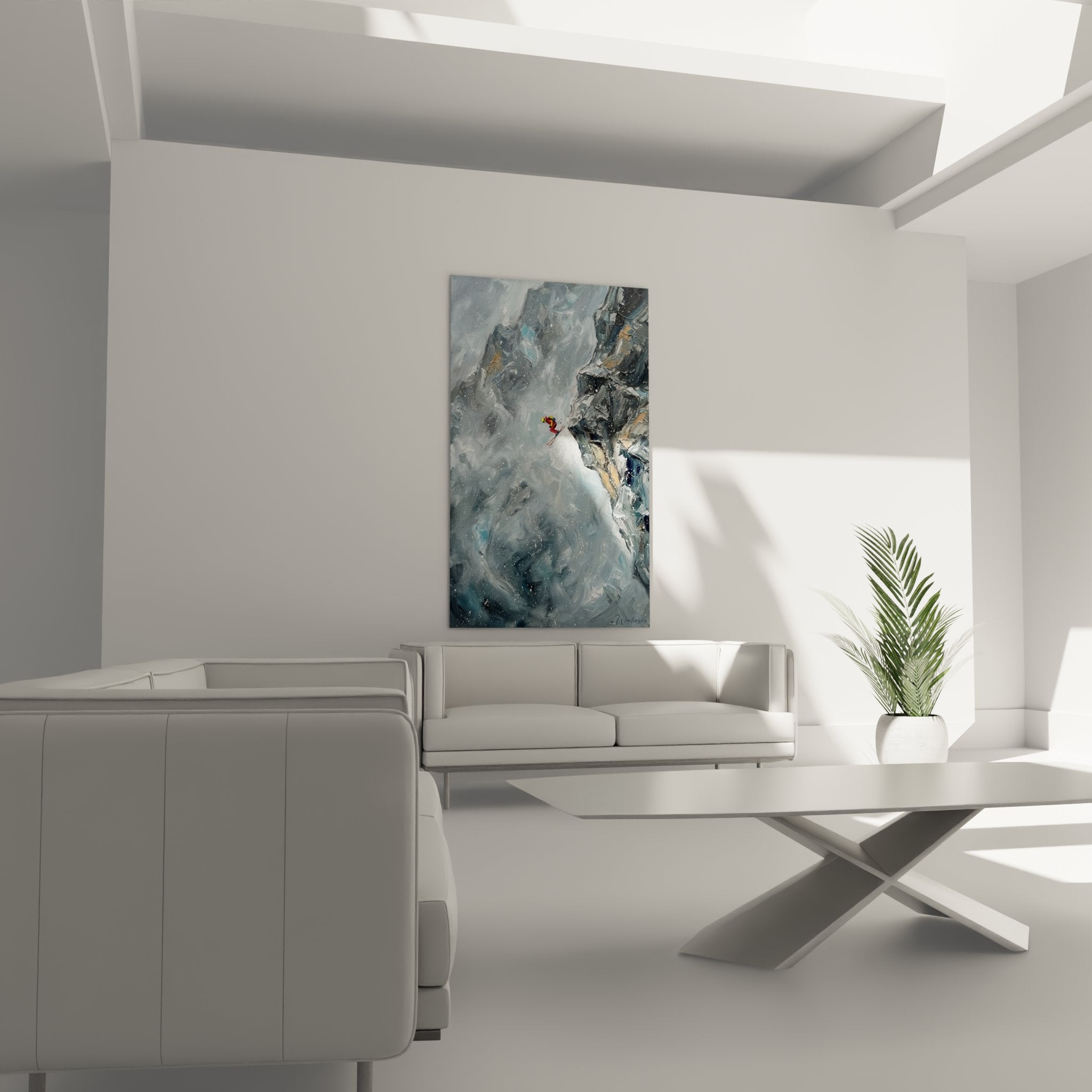 Detailaufnahme Wandbild Skifahrer im Pulverschnee mit expressiven Pinselstrichen und Schneewirbeleffekt