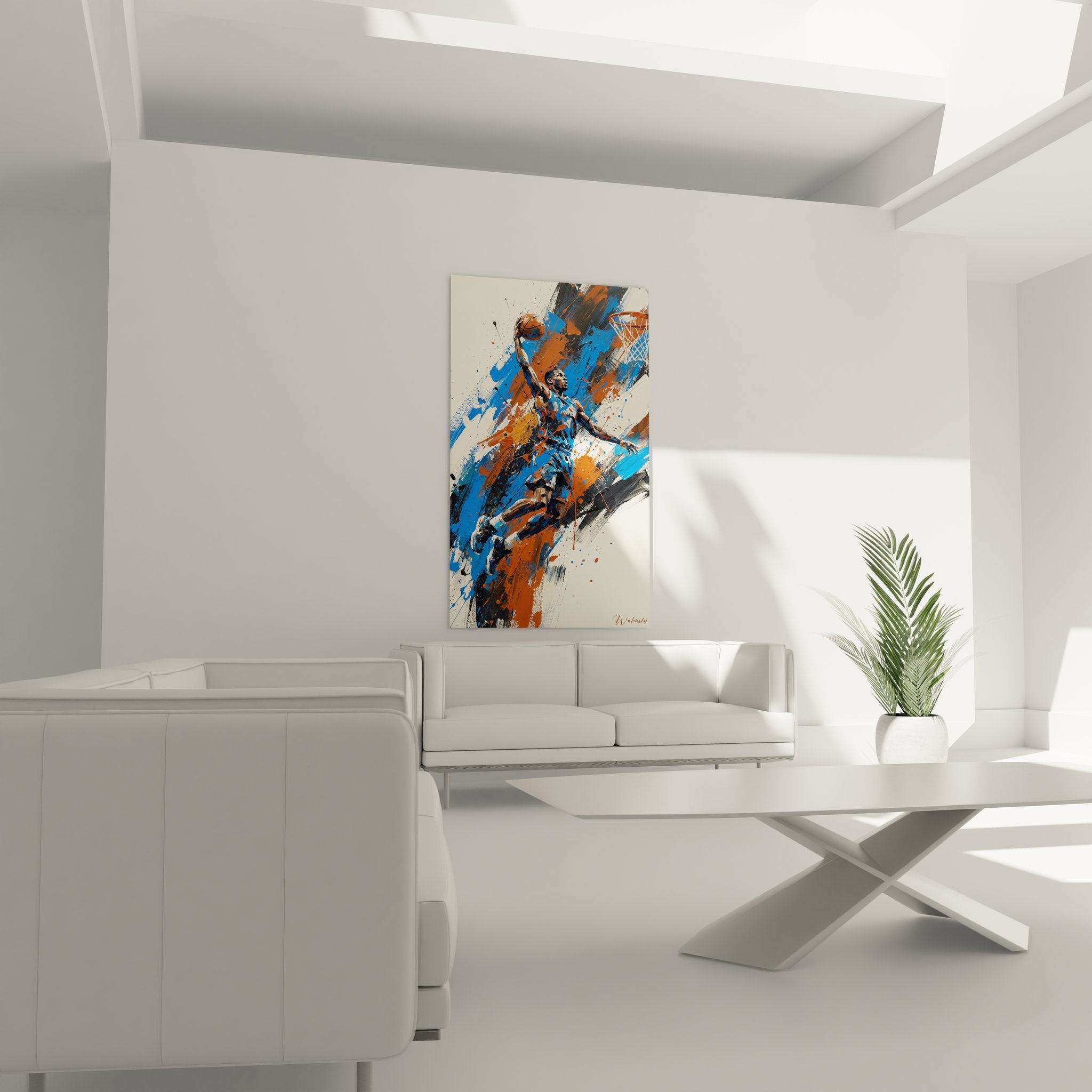 Detailansicht der abstrakten Basketball Kunst mit expressiven Pinselstrichen und Farbspritzern