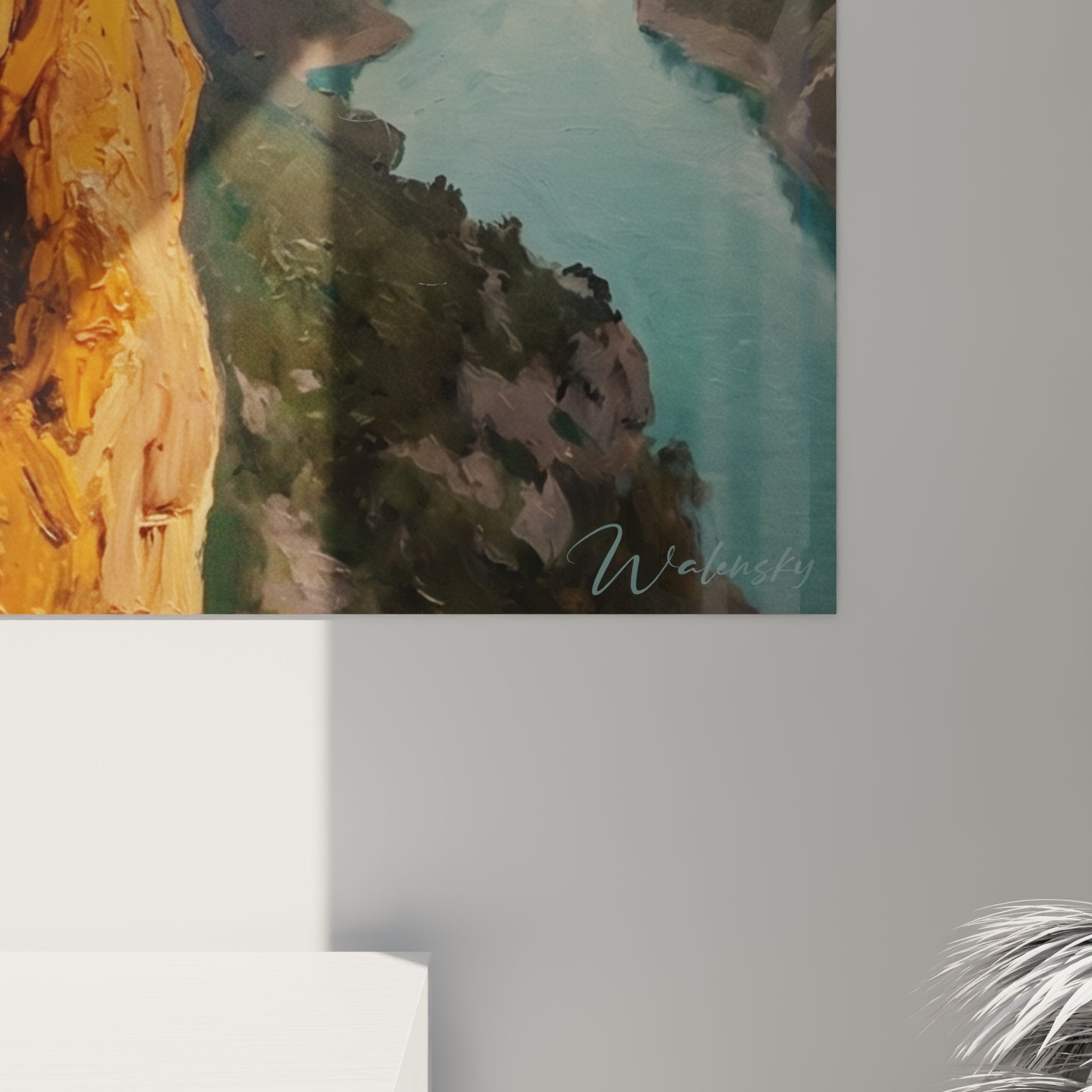 Gesamtansicht Wandbild Klettern Canyon Landschaft goldene Felsen türkiser Fluss Abenteuer