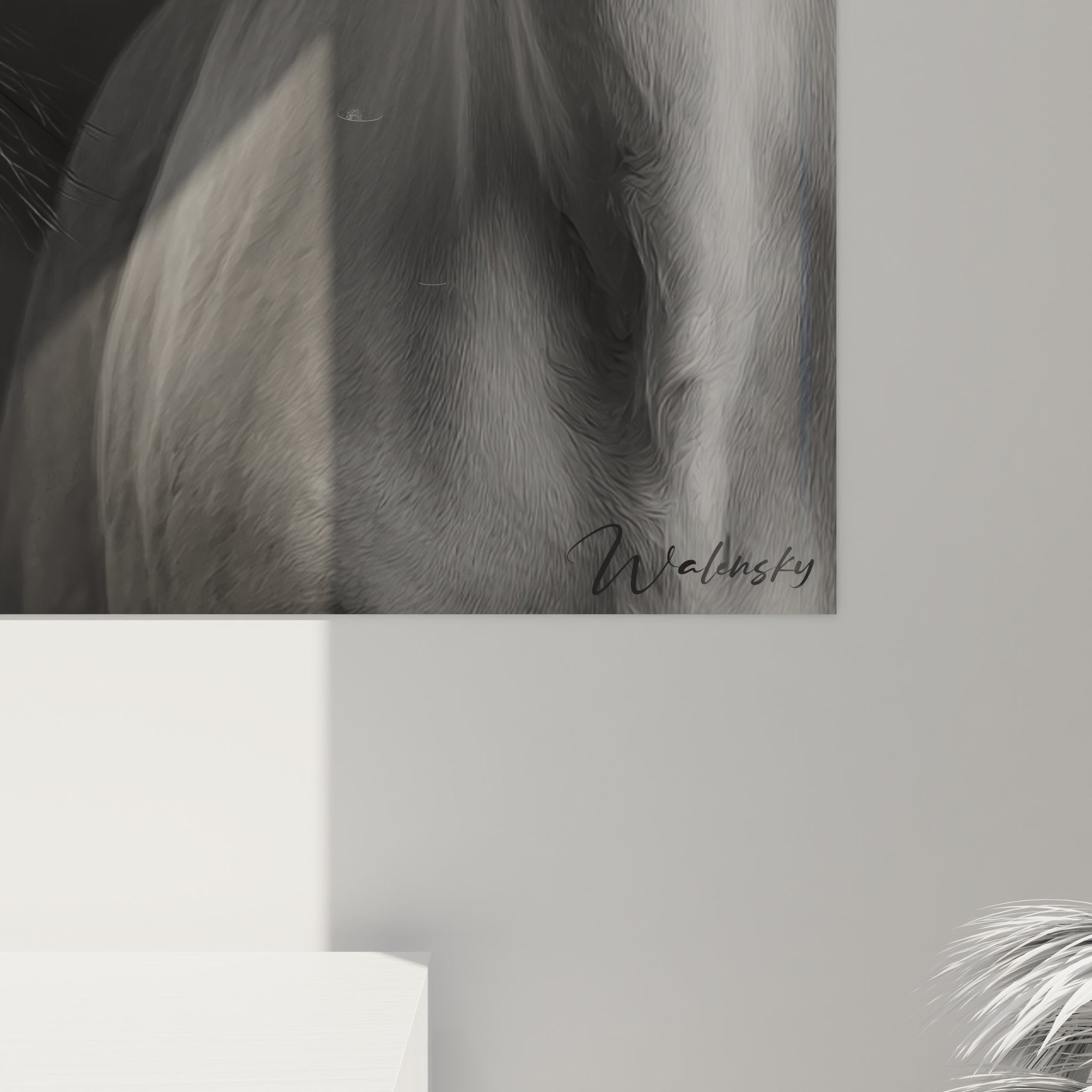 Gesamtansicht des Araberpferd Wandbildes in schwarz-weiß mit elegantem Rahmen