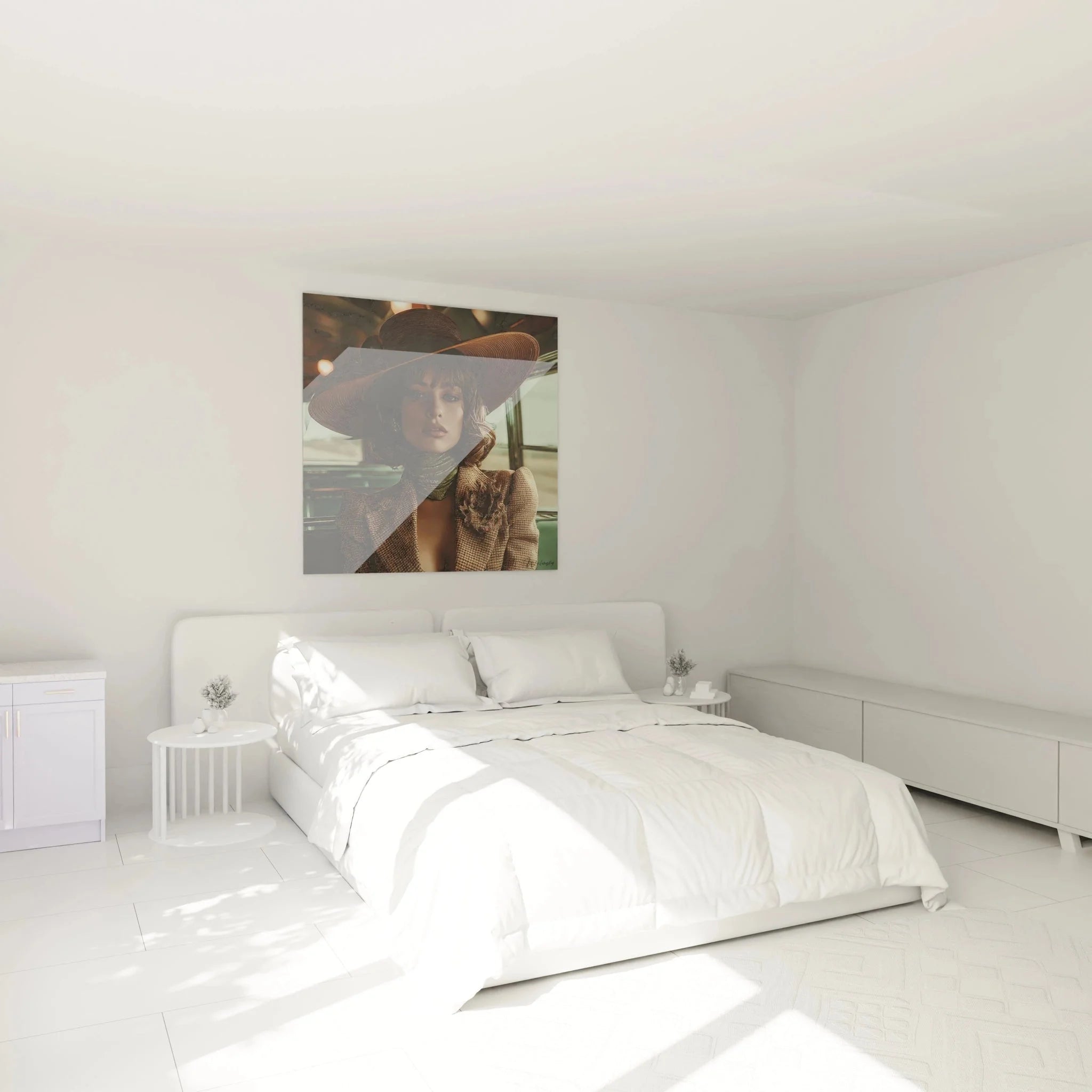 Vintage Dame Wandbild mit Hut als stilvolle Schlafzimmer Dekoration in warmen Erdtönen