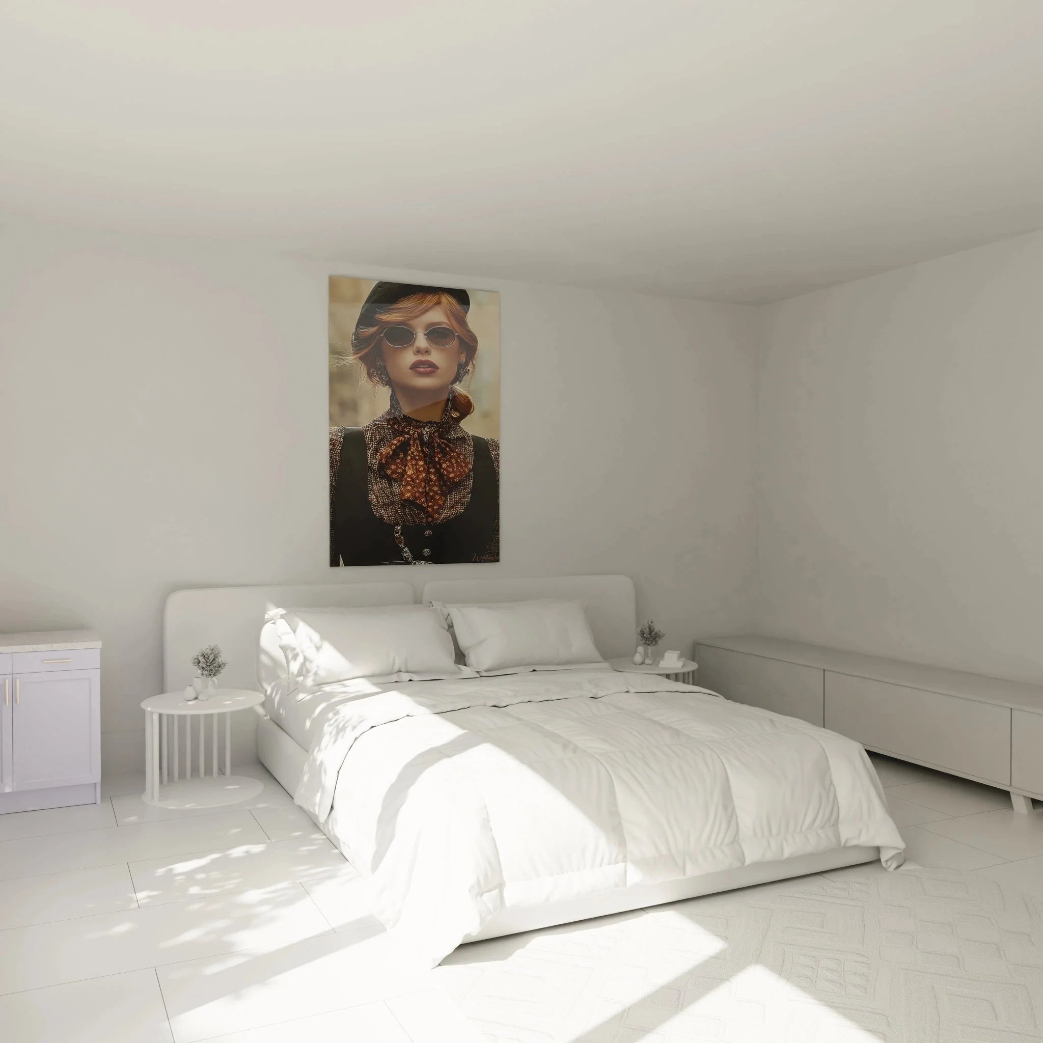 Vintage Glamour Wandbild im Schlafzimmer, elegante Frau Portrait als stilvolle Wanddekoration