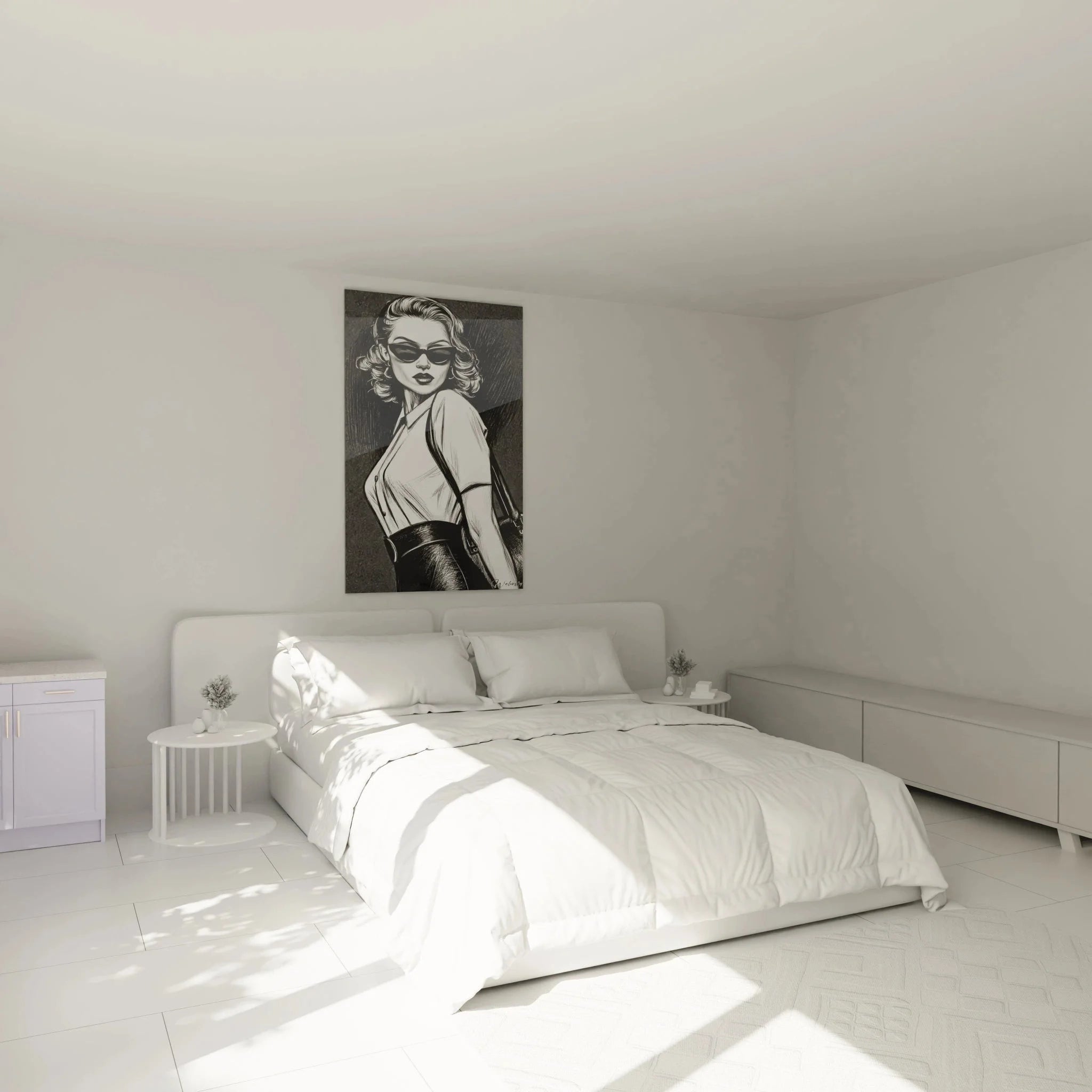 Vintage Pin-Up Wandbild in Schlafzimmer Ambiente als stilvolle Retro Wanddekoration