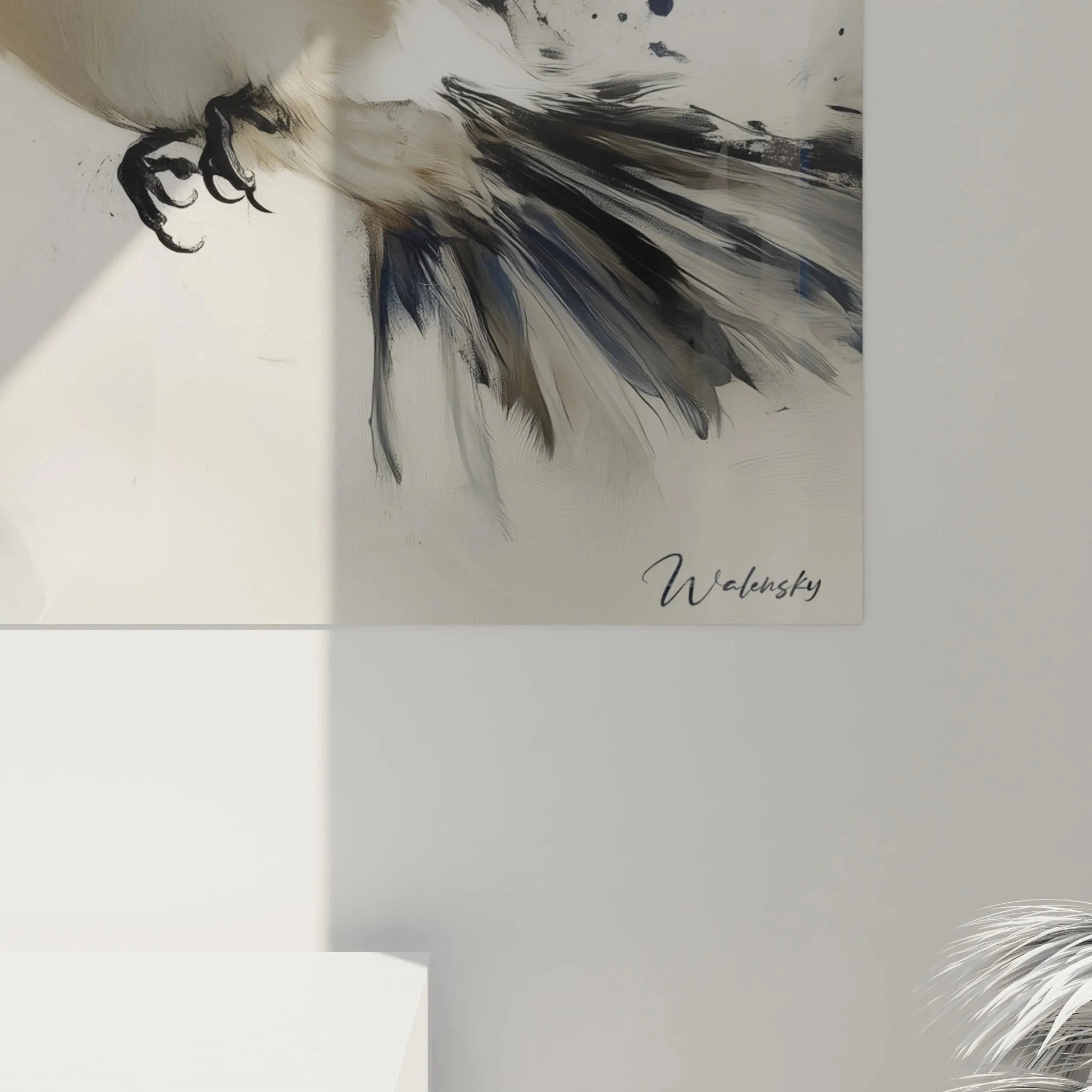 Gesamtansicht Vogel Wandbild Meise, expressiver Kunststil in Blau-Weiß für Wohnraumgestaltung