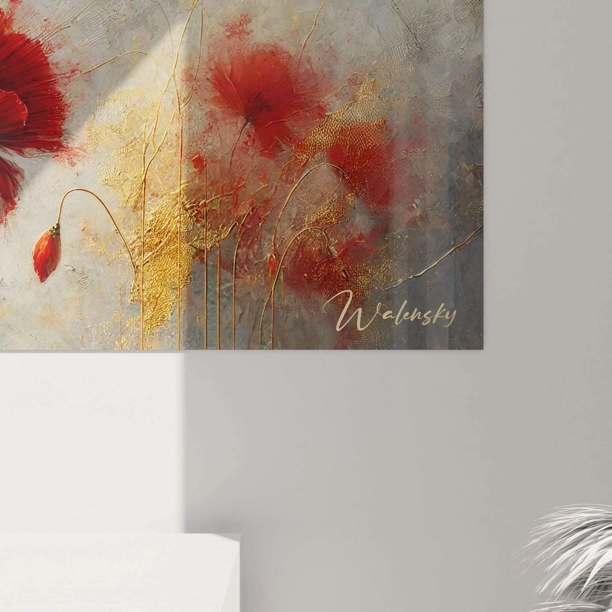 Gesamtansicht des Mohnblumen Wandbildes mit impressionistischem Hintergrund und floraler Komposition