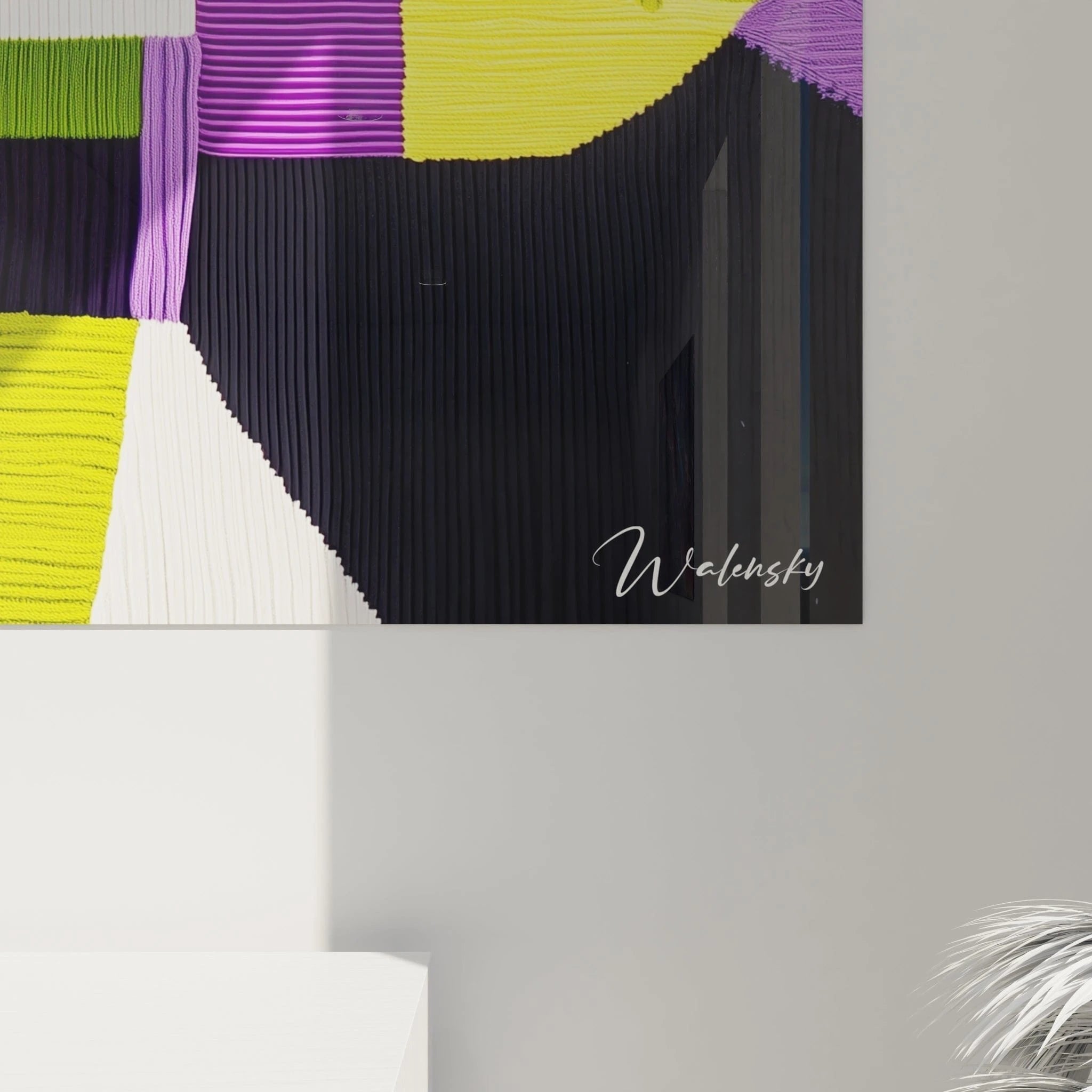 Gesamtansicht des vierteiligen abstrakten Wandbildes mit Häkeloptik und bunten geometrischen Formen