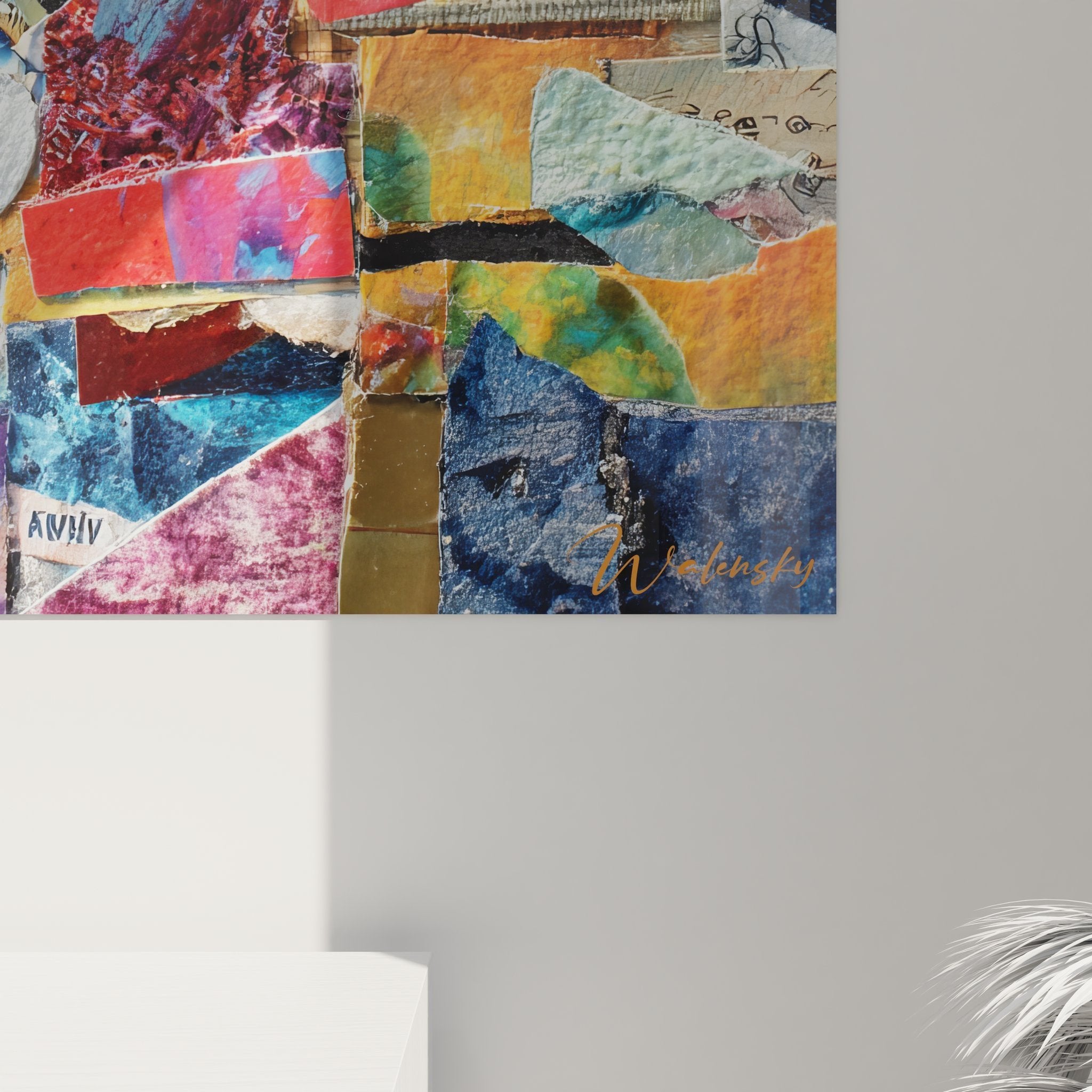 Gesamtansicht des abstrakten Collage-Wandbildes mit komplexer Komposition aus Papierelementen