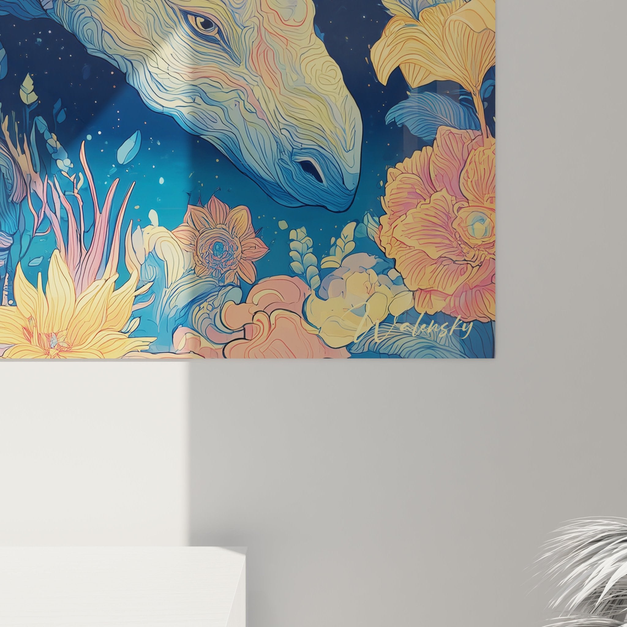 Gesamtansicht des Indricotherium Wandbildes mit ornamentalen Blumenmotiven in kunstvoller Darstellung