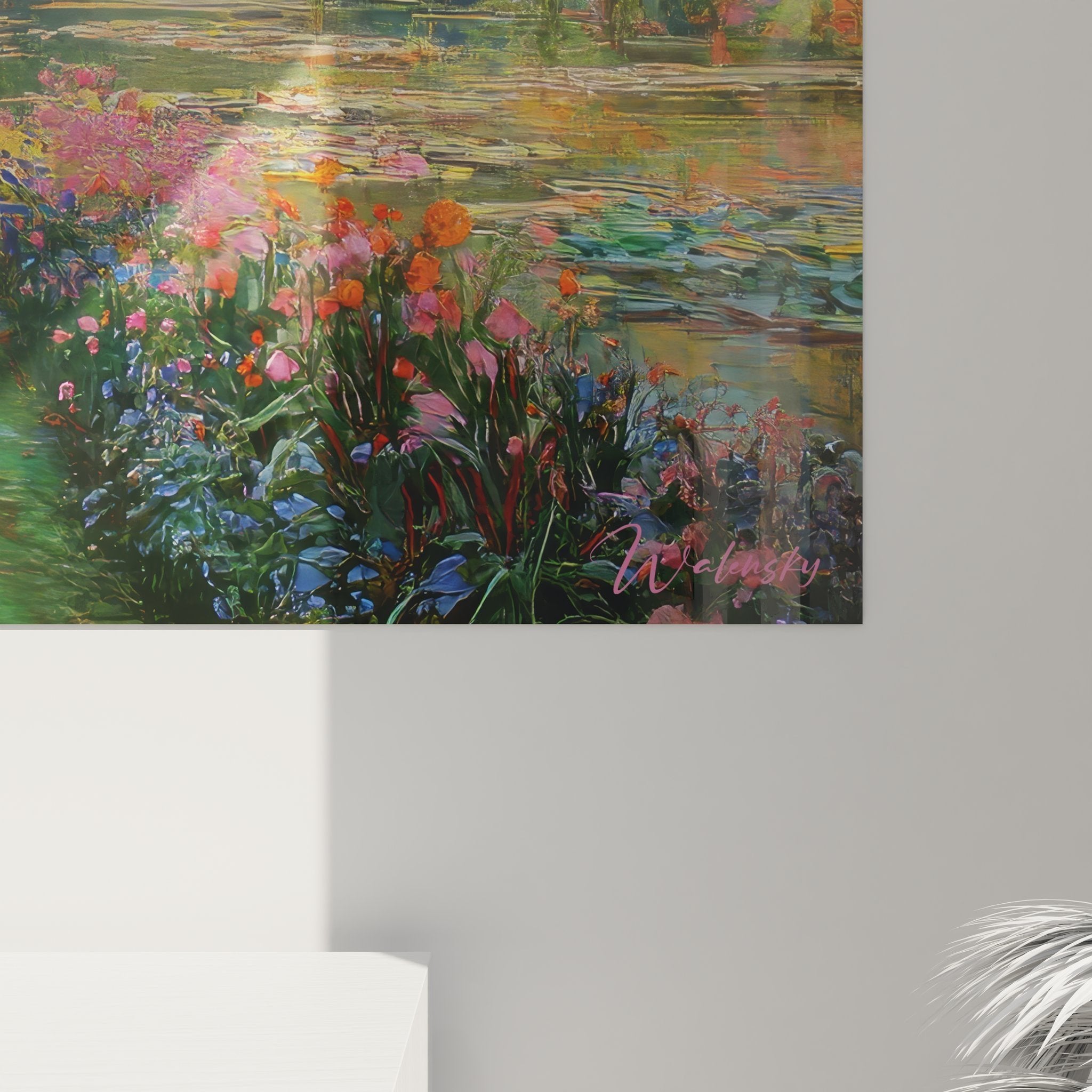 Gesamtansicht des Weidentrauergarten-Wandbildes mit harmonischer Farbkomposition und Teichszene