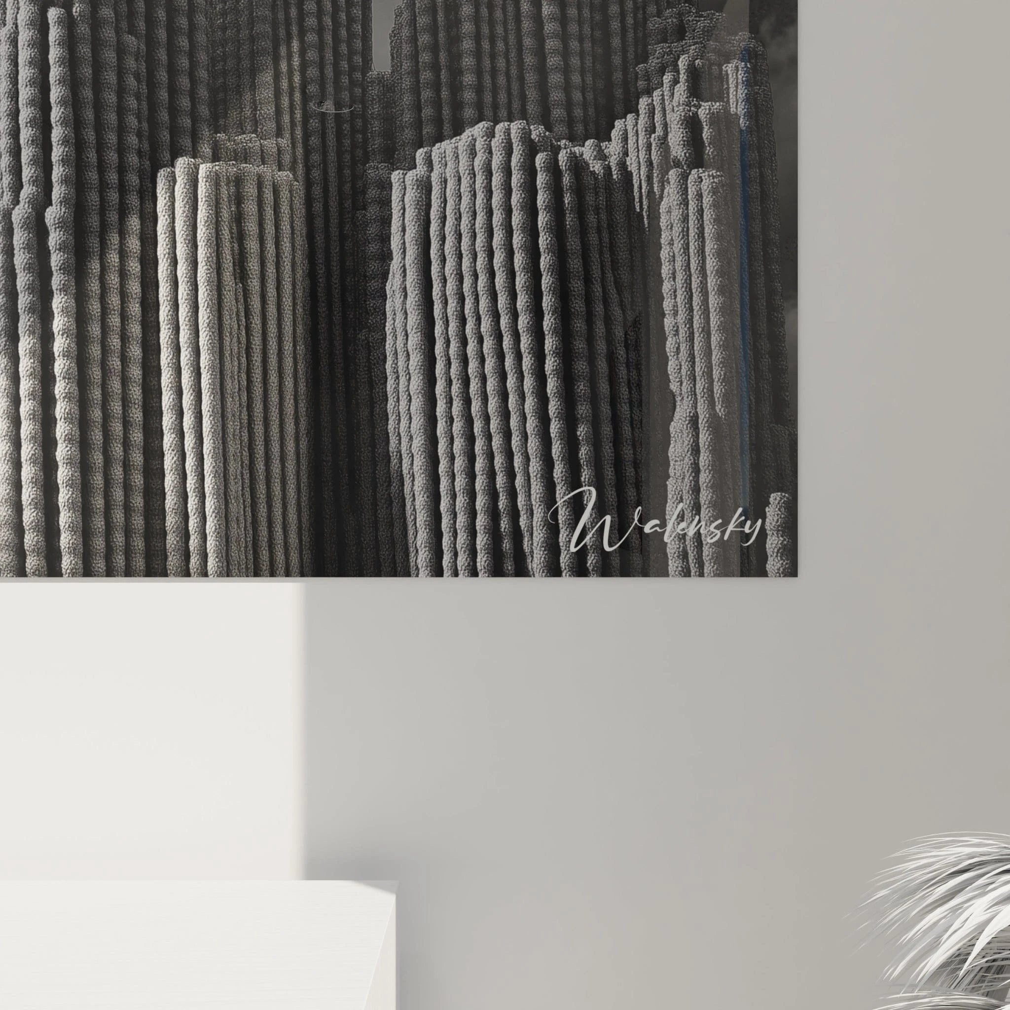 Gesamtansicht des Kaktuslandschaft Wandbildes mit verschiedenen Säulenkakteen in monochromer Darstellung