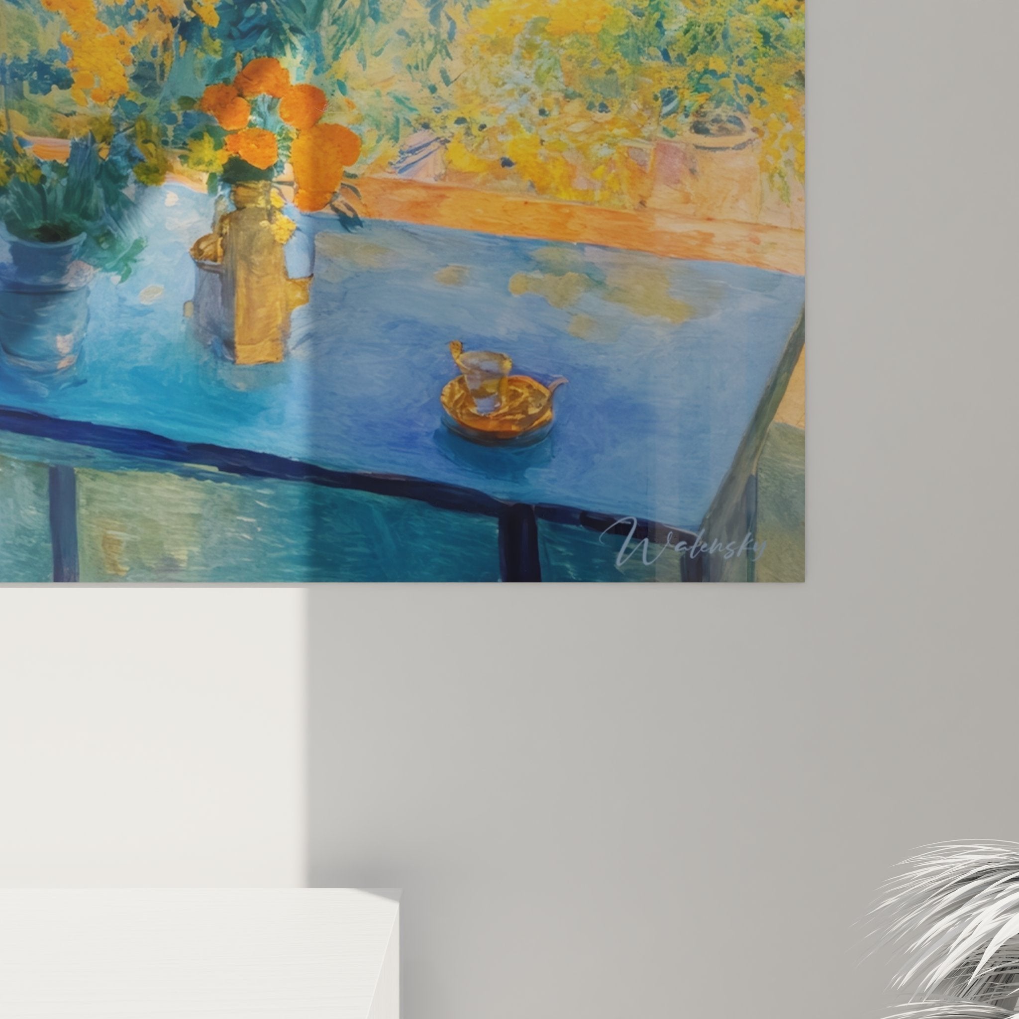 Gesamtansicht Wandbild Fensterszene mit blühendem Mimosengarten in impressionistischem Stil
