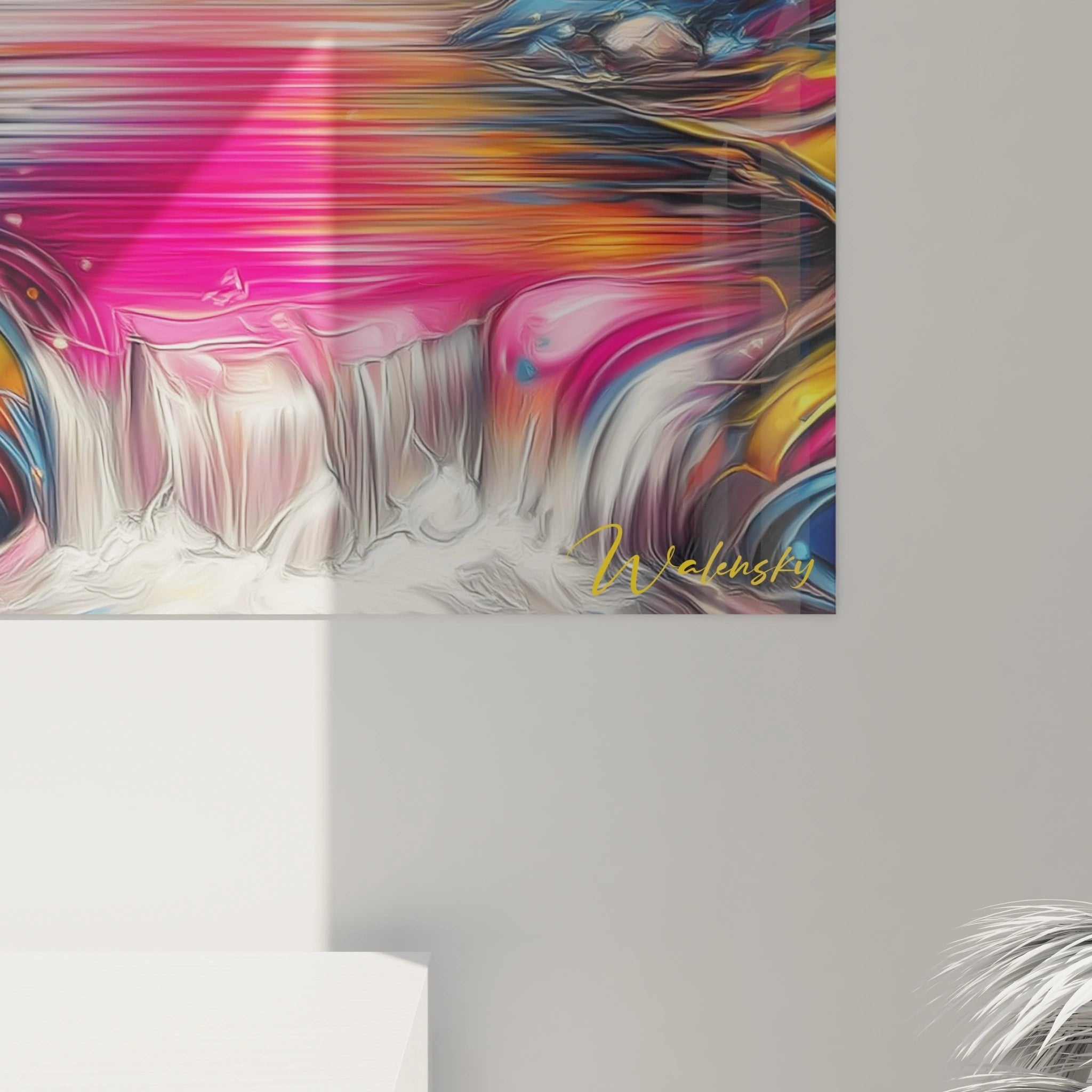 Gesamtansicht Wandbild Fantasielandschaft, komplette magische Bergwelt mit Himmel-Farbexplosion und Seespiegelung