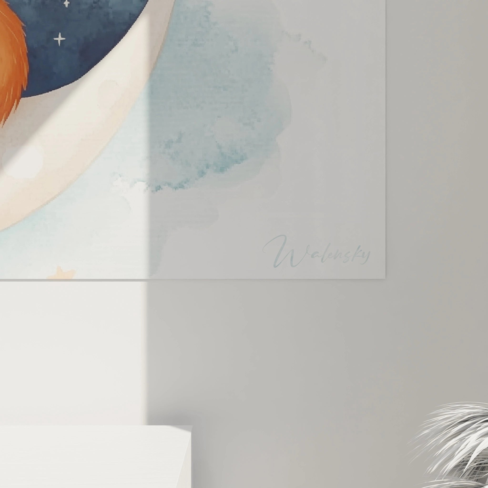 Gesamtansicht Kinderzimmer Wandbild Fuchs Mond Sterne in Aquarelltechnik