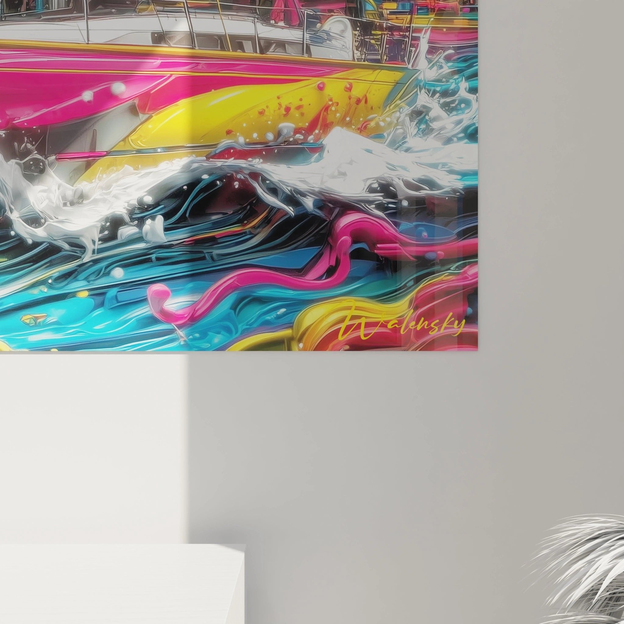 Gesamtansicht Segelboot Farbexplosion Wandbild maritime Kunst Wohnraumdekoration