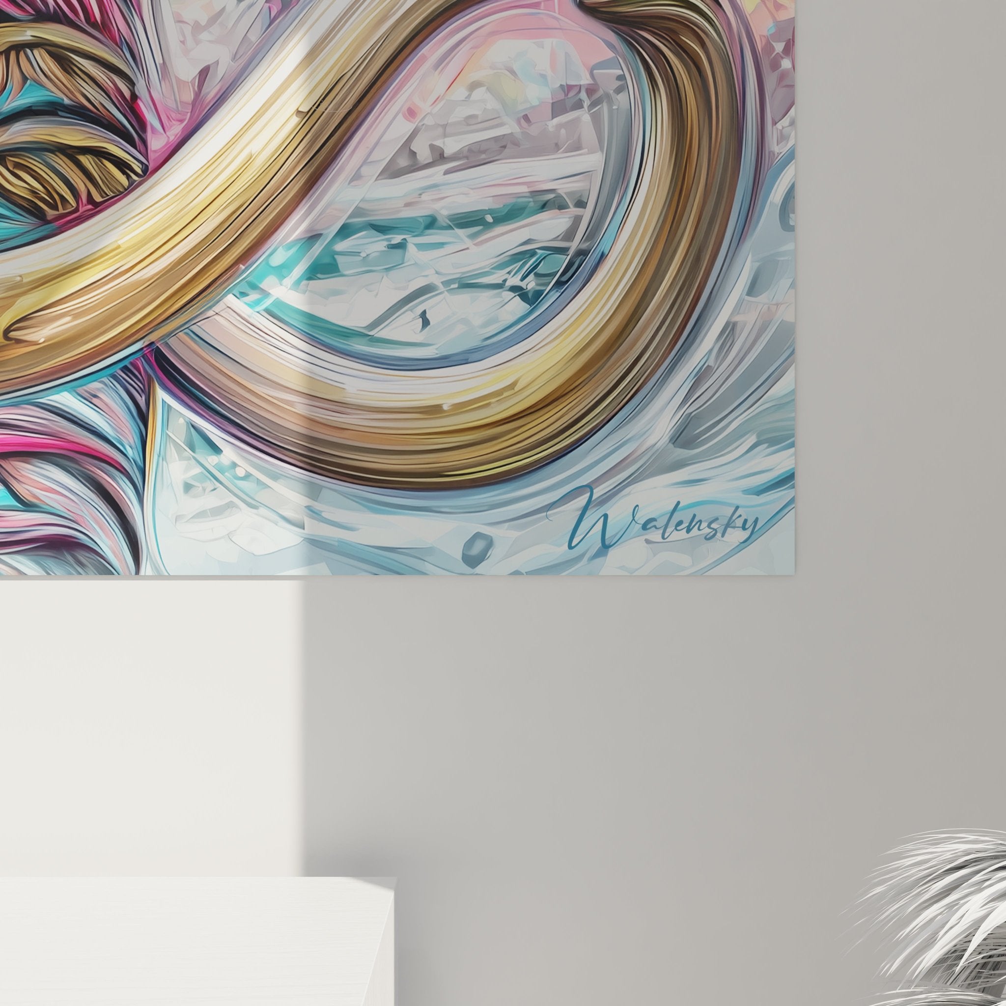 Gesamtansicht des dynamischen Wollmammut Kunstwerks mit spektakulären Farbwirbeln