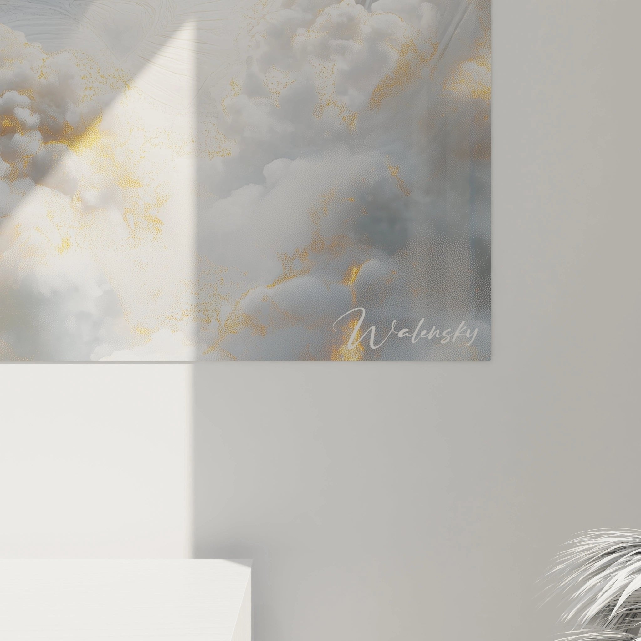 Gesamtansicht des majestätischen Apollo Wandbildes mit himmlischen Wolken und göttlicher Ausstrahlung an der Wand