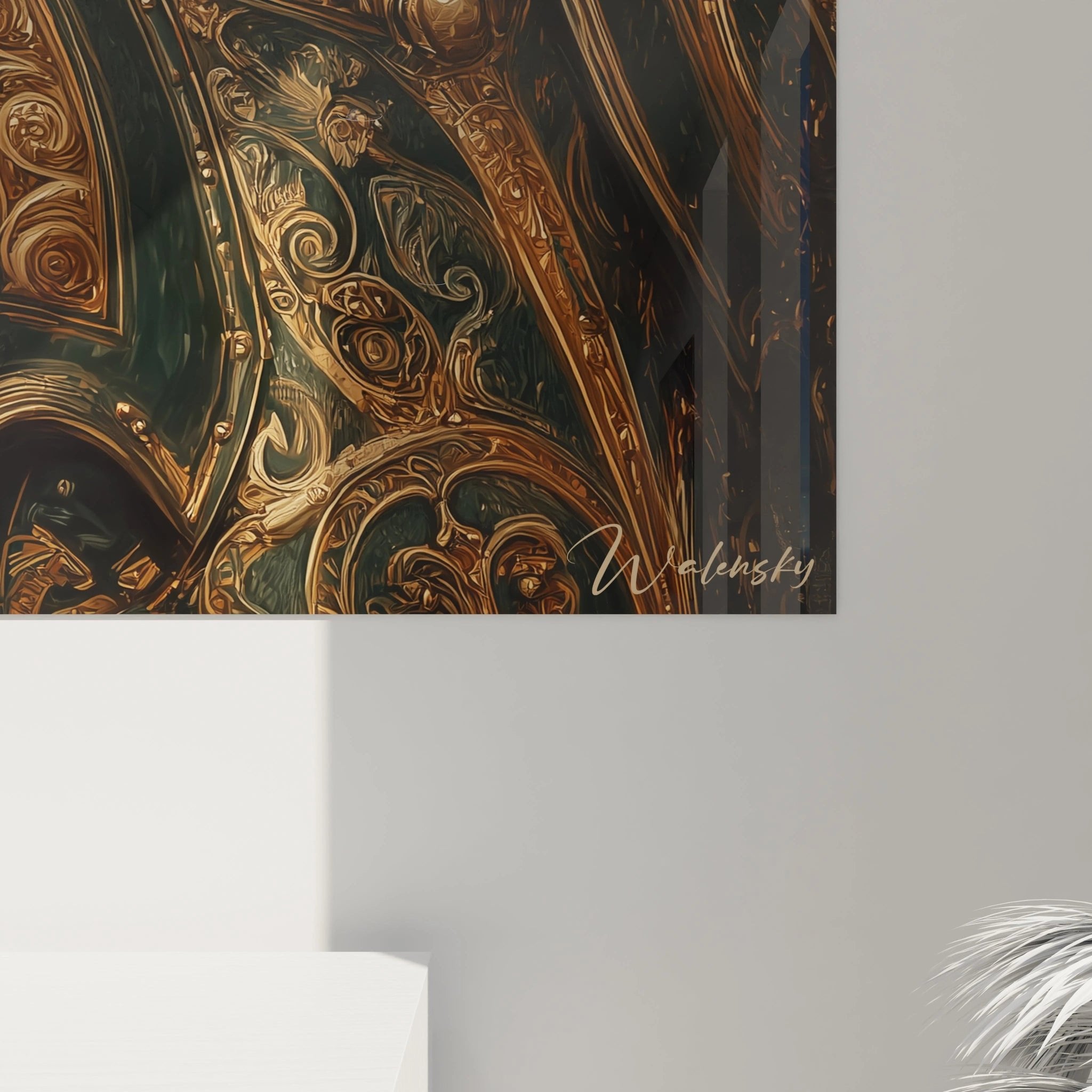 Gesamtansicht des majestätischen Alexander der Große Wandbildes mit byzantinischen Mustern und Goldakzenten