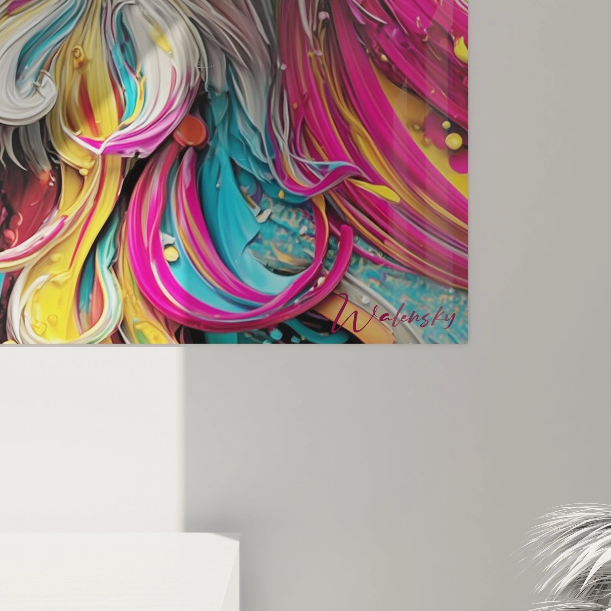 Gesamtansicht des farbenfrohen Löwen-Wandbildes mit wirbelnden Mustern in kompletter Darstellung