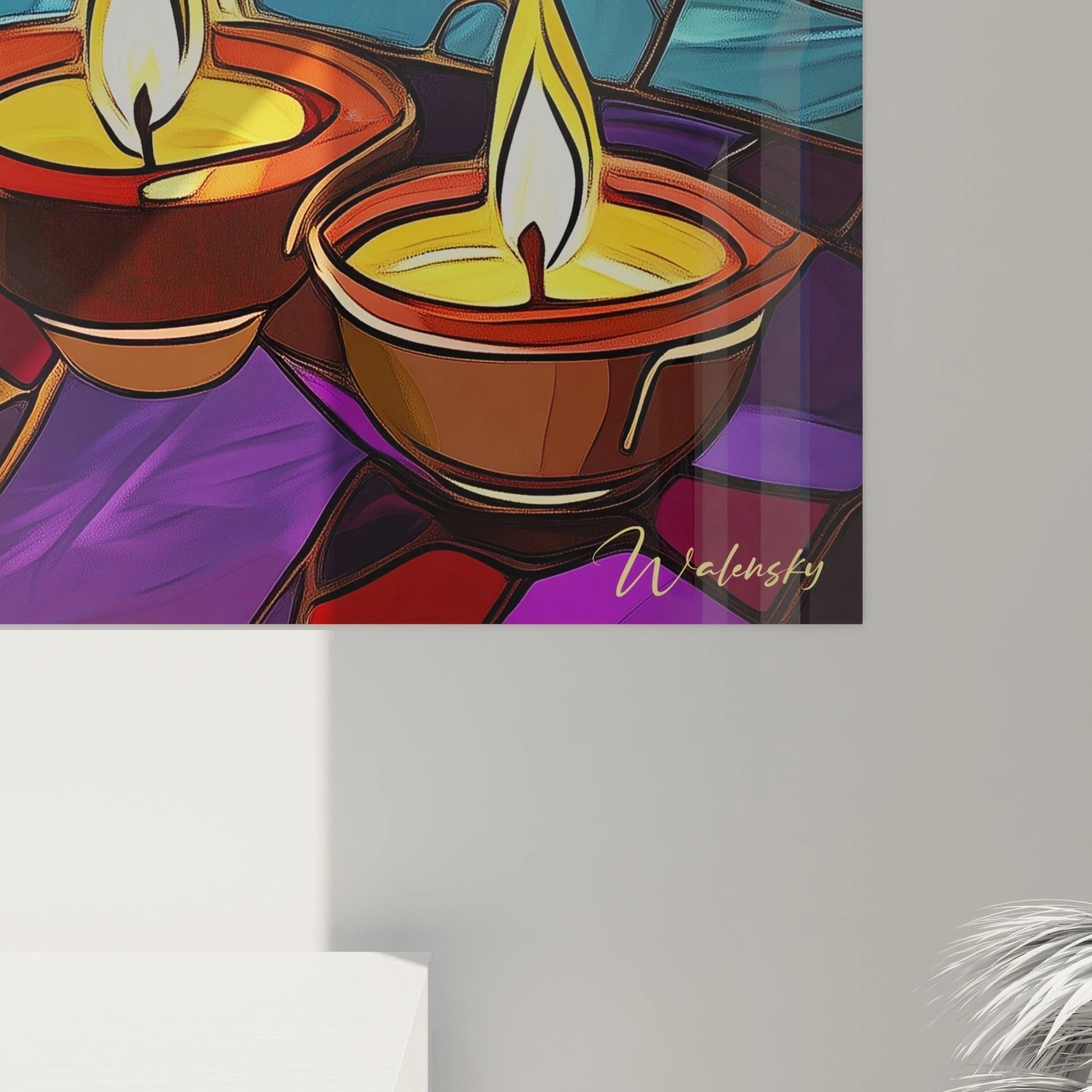 Gesamtansicht des Diwali Lichter Wandbildes mit lebendigen Farben in Glasmalerei-Optik