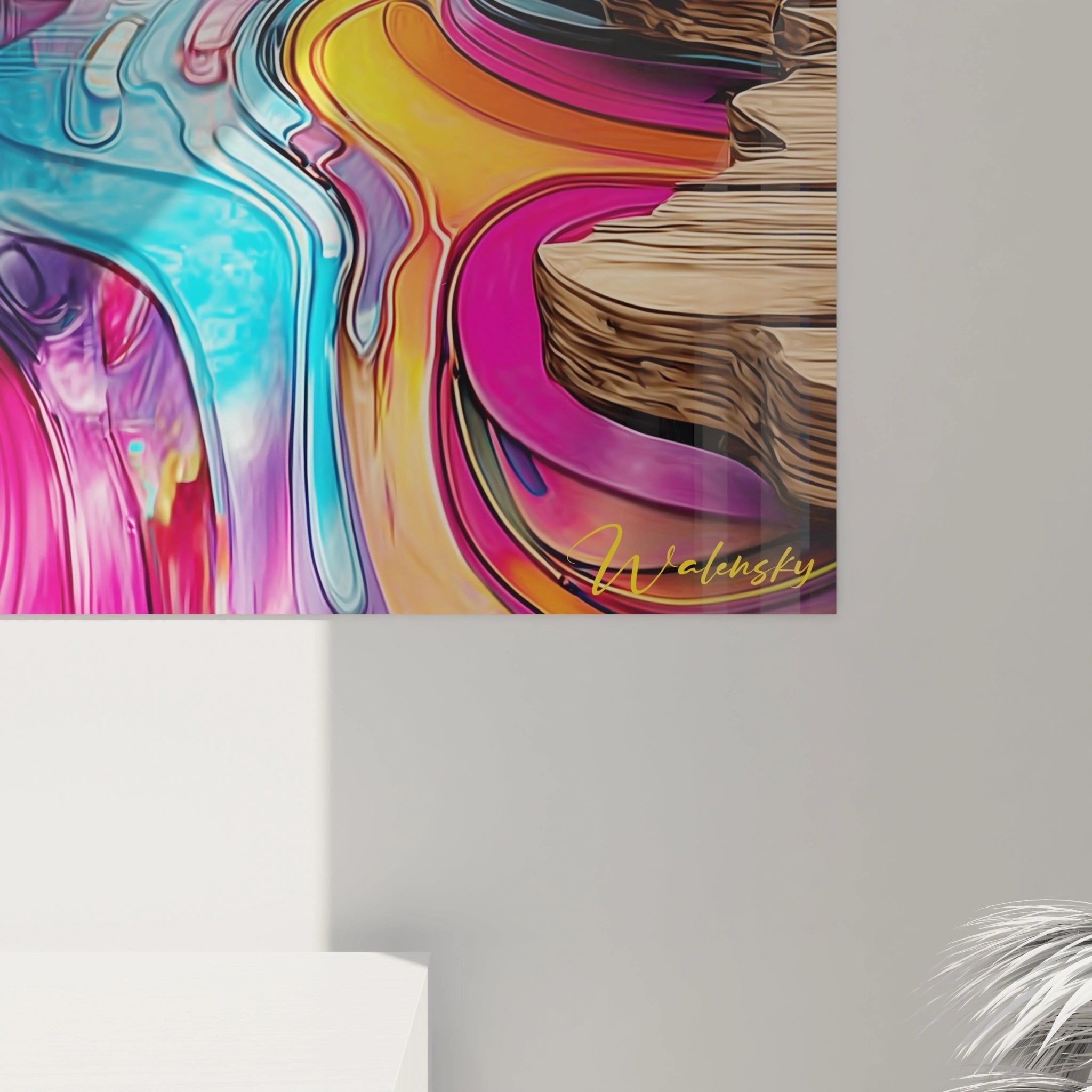 Gesamtansicht Wandbild mystischer Wald mit psychedelischen Farben auf weißer Wand montiert