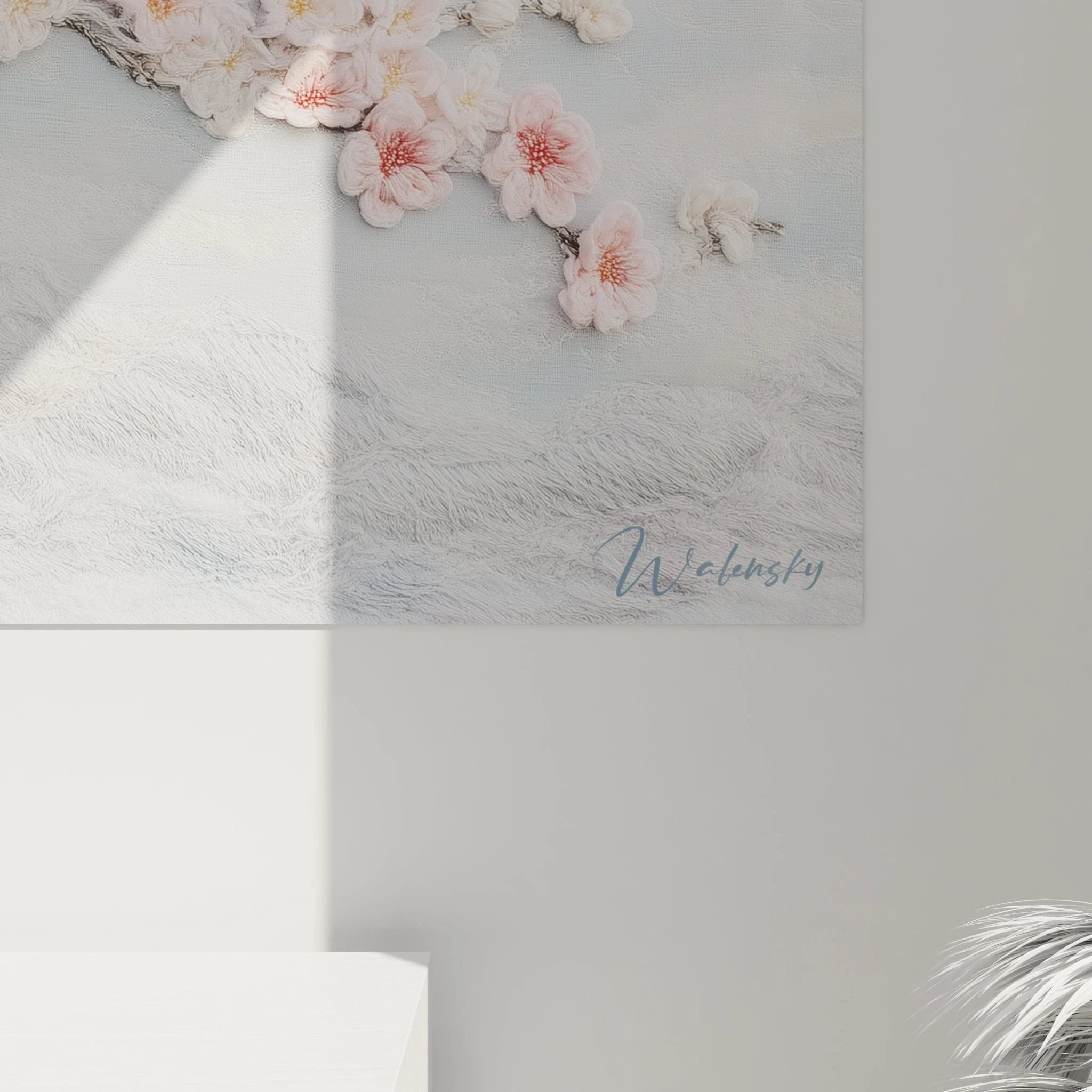 Gesamtansicht Wandbild Kirschbaum Häkeloptik, elegante Blütenpracht in sanfter Hügellandschaft mit Himmel