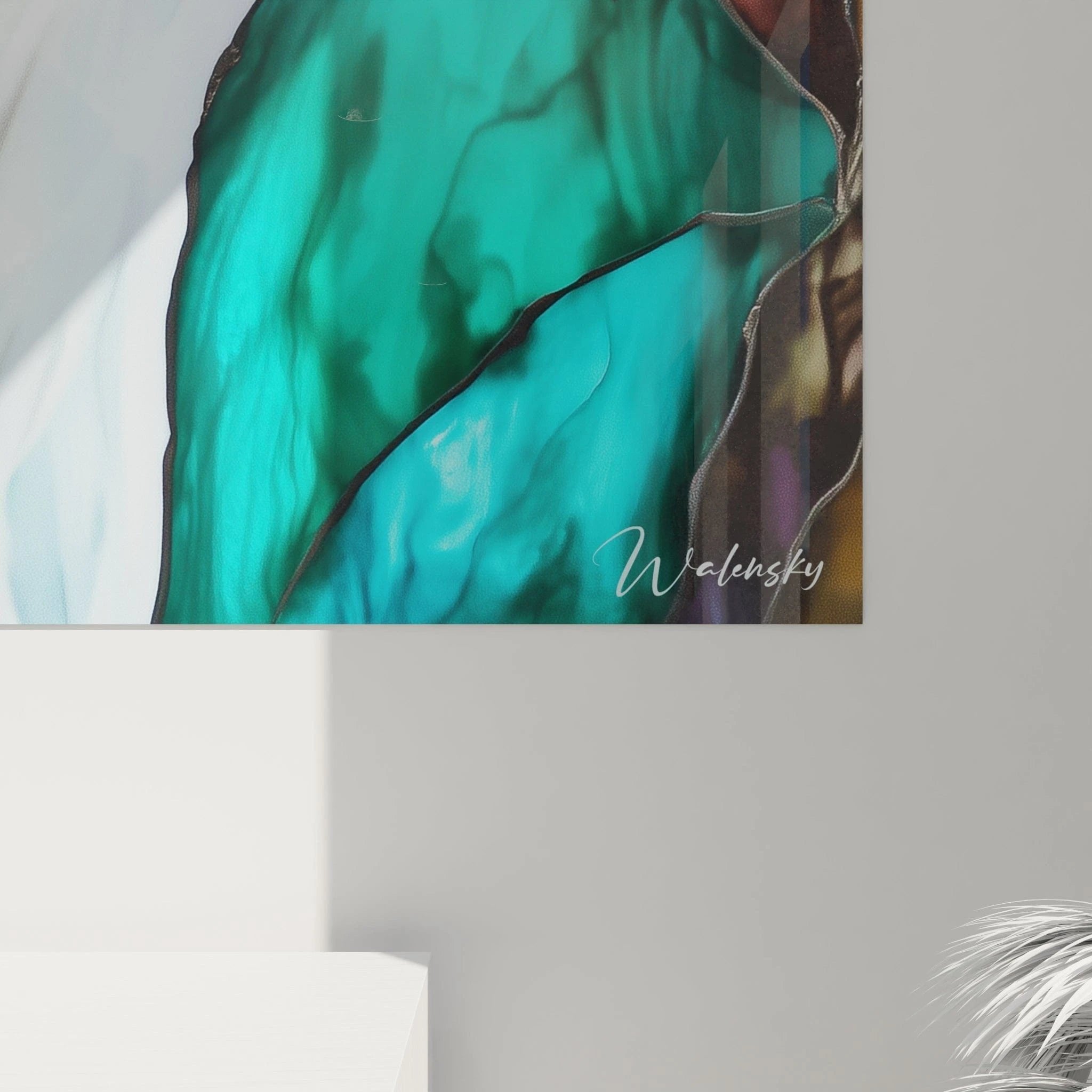 Gesamtansicht Wandbild abstrakte Wasserfall Komposition in charakteristischer Bleiglas-Optik mit bunten Segmenten