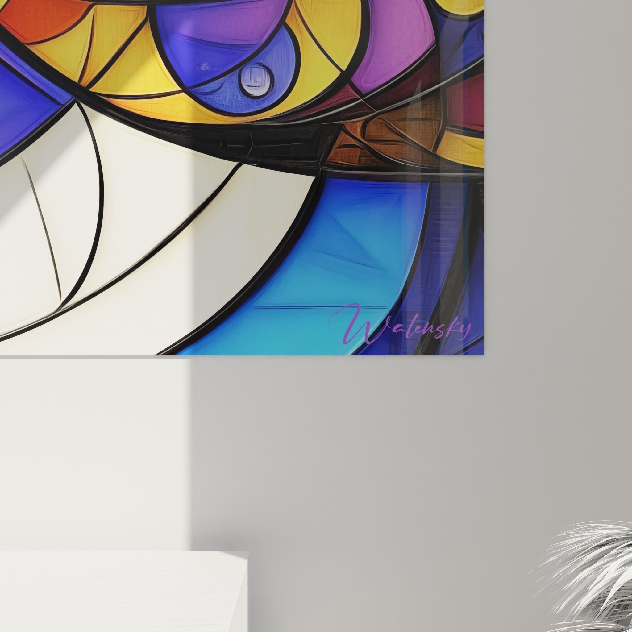 Gesamtansicht abstraktes Spiralen-Wandbild in Glasmalerei-Optik mit kosmischen Formen und Farbharmonie