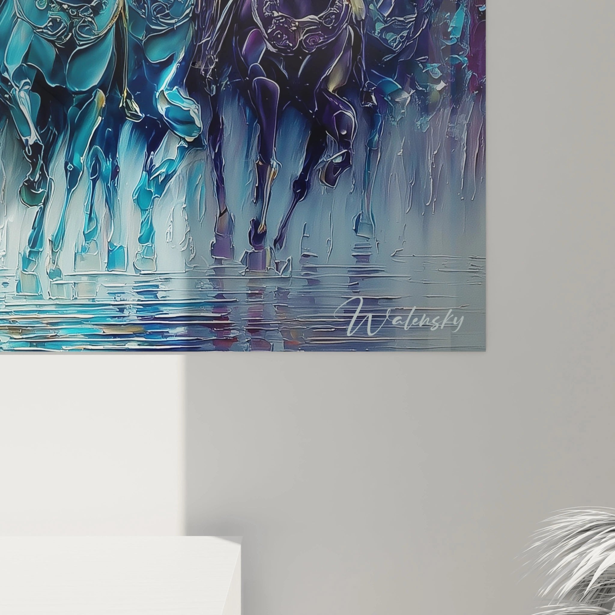 Gesamtansicht des Kavalleriegemäldes mit Kapitol im Hintergrund, impressionistische Maltechnik in Blau und Gold