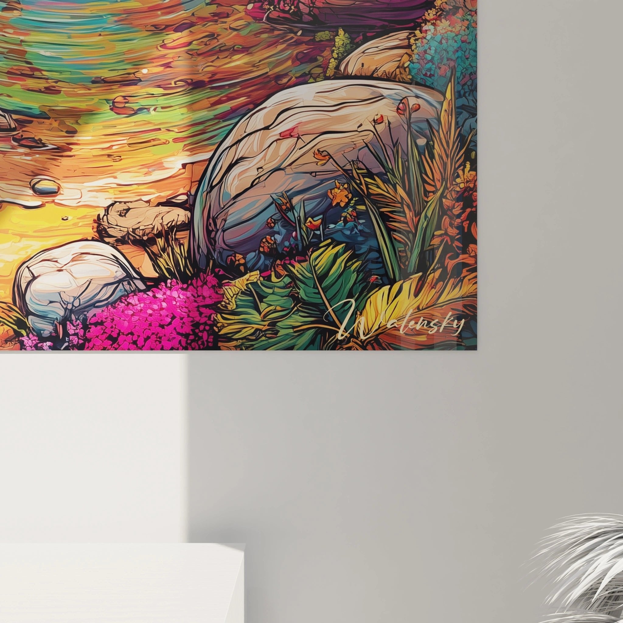 Gesamtansicht Wandbild tropische Landschaft Edition Comic, spektakulärer Sonnenuntergang über Flusslandschaft