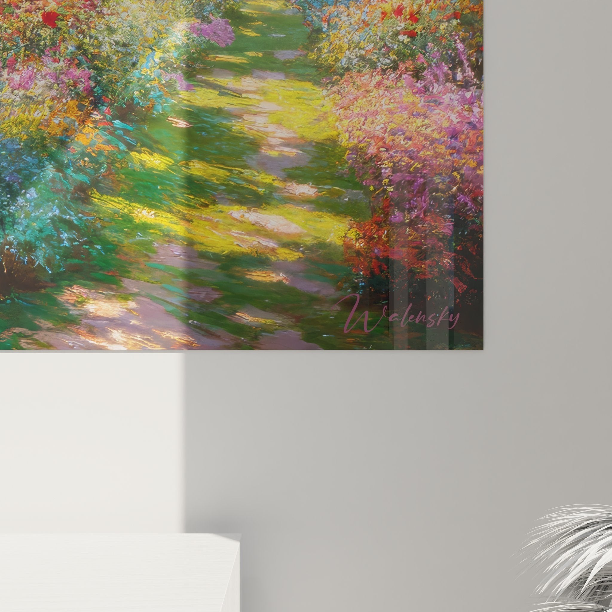 Gesamtansicht Wandbild impressionistischer Garten mit Teich als dekorative Wandgestaltung im Wohnraum