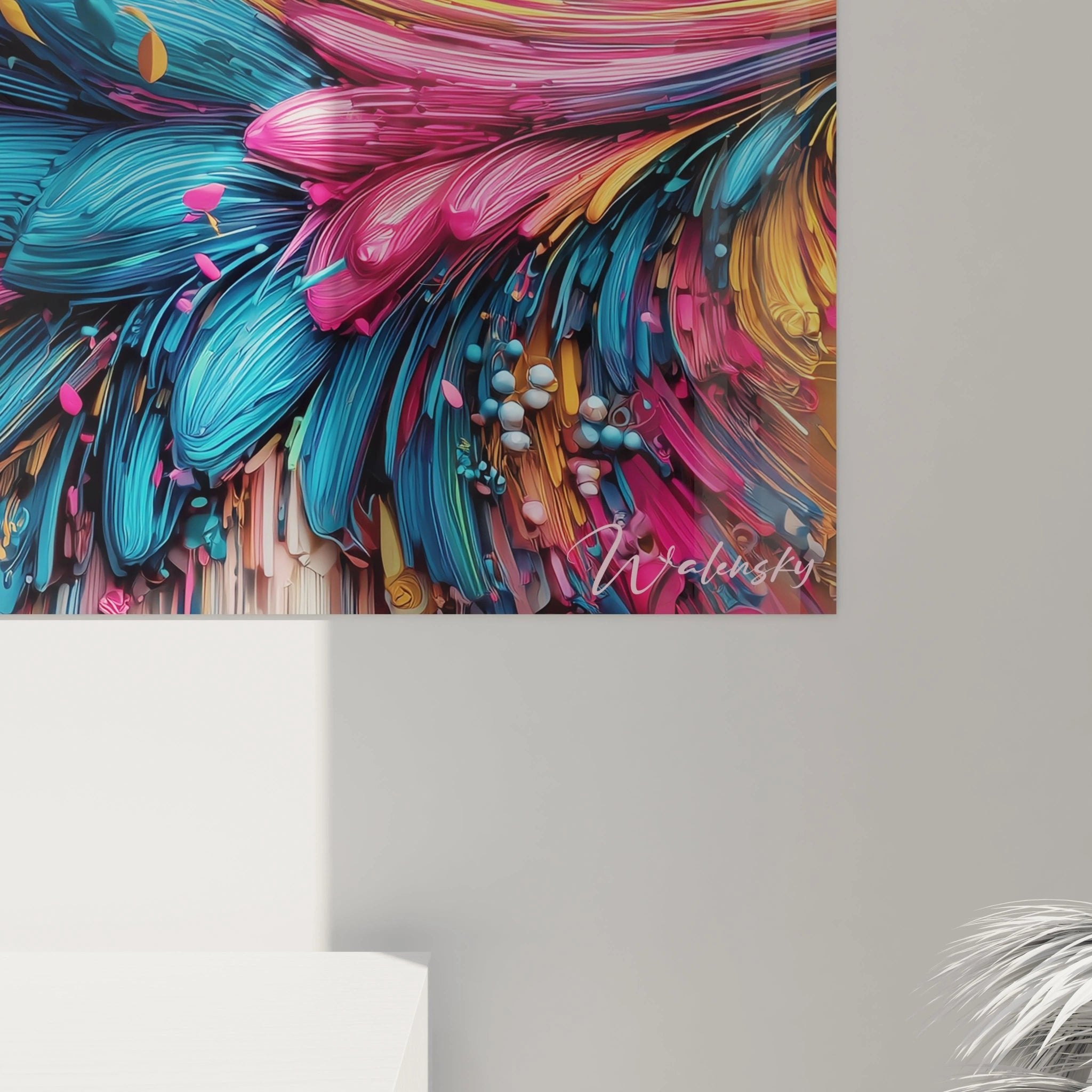 Gesamtansicht des modernen Wandbildes mit spiralförmiger Blütenkomposition in dynamischer Farbgestaltung