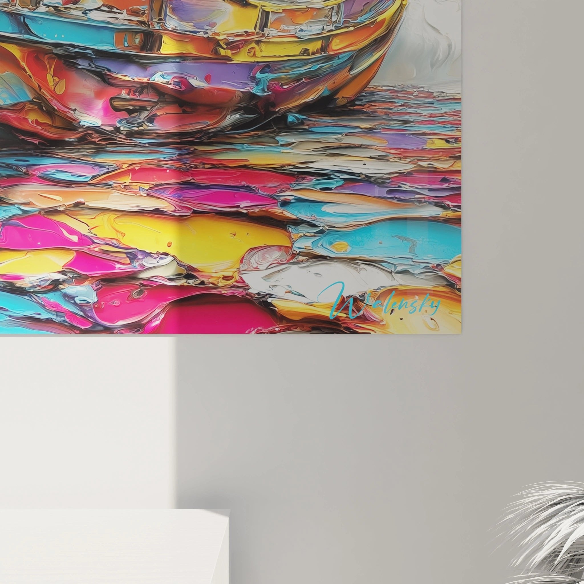 Gesamtansicht des maritimen Wandbildes mit Boot, blühendem Baum und farbiger Wasseroberfläche