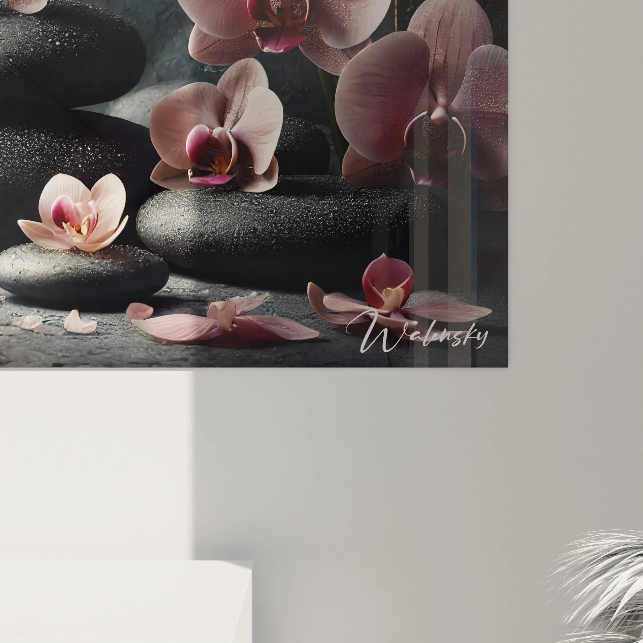 Gesamtansicht Wandbild Zen-Steine Orchideen vor patiniertem Hintergrund Wellness Kunst