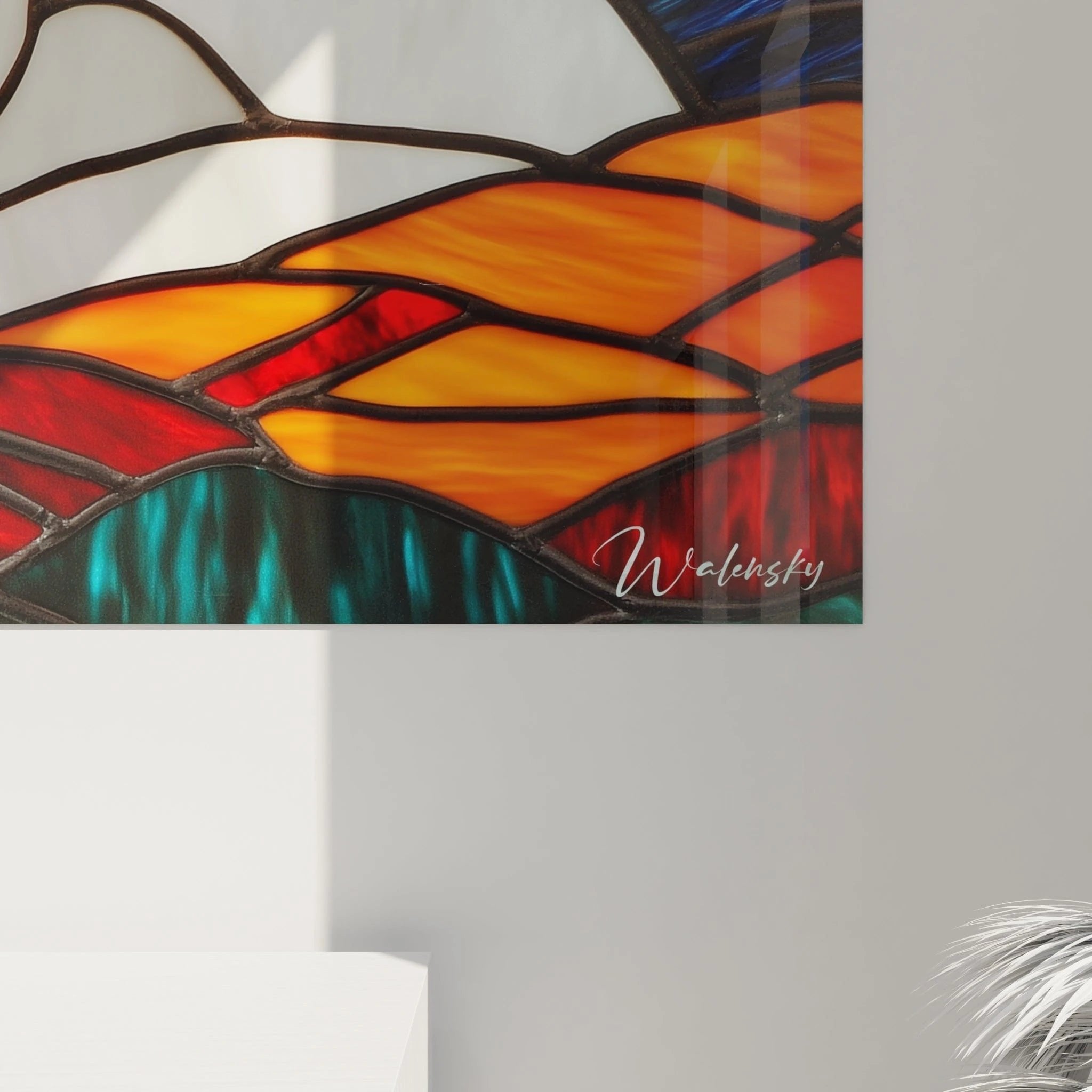 Gesamtansicht Wandbild Fuchs in Herbstlandschaft - Edition Glasmalerei-Optik für moderne Wanddekoration