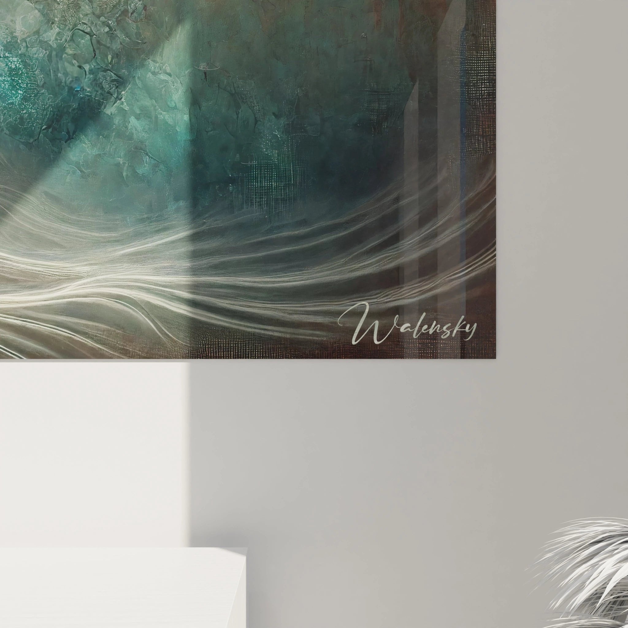 Gesamtansicht des mystischen Lebensbaum Wandbildes mit türkis-braunem Hintergrund und Lichteffekten