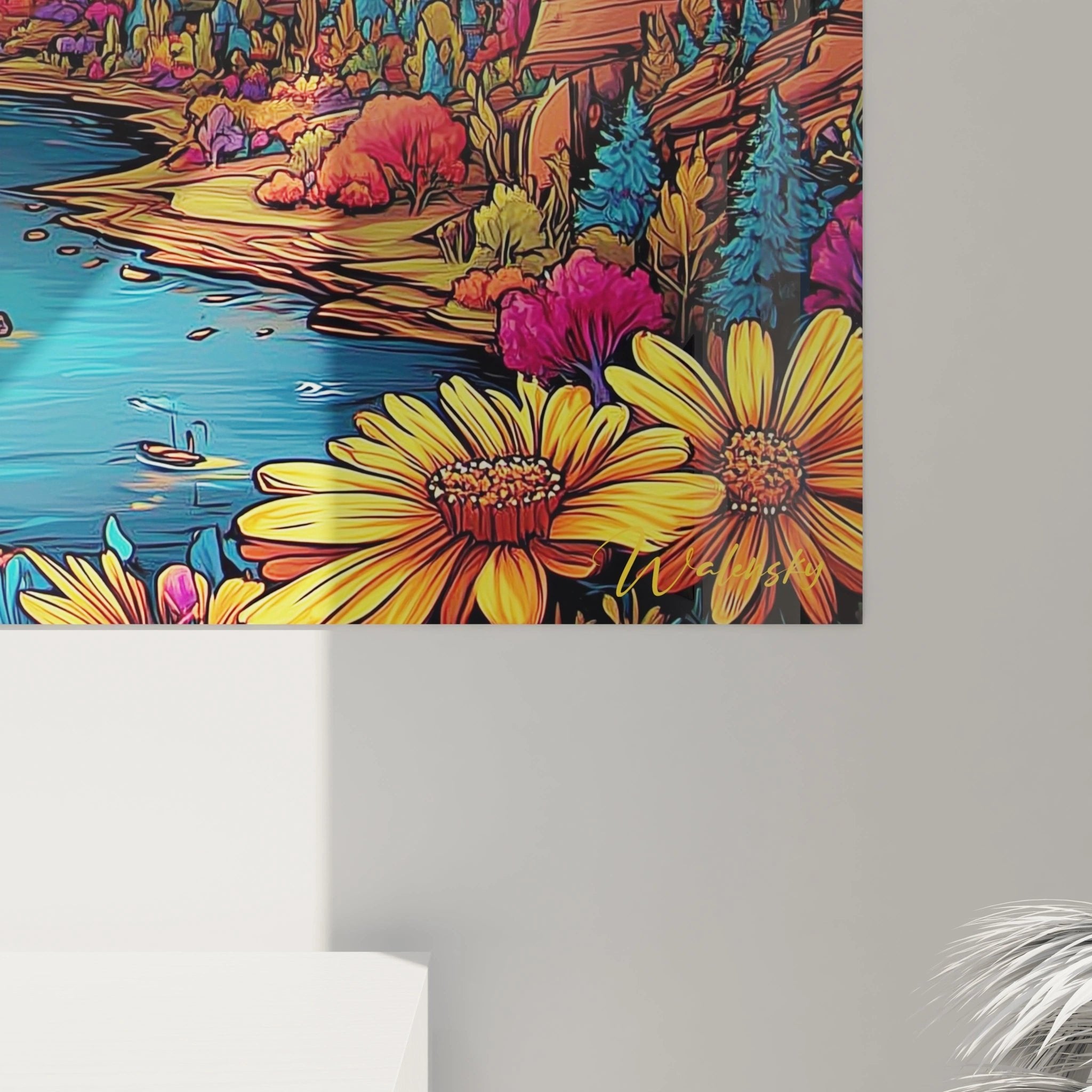 Gesamtansicht Wandbild fantastische Stadtlandschaft mit pink-blauen Wolken und moderner Skyline