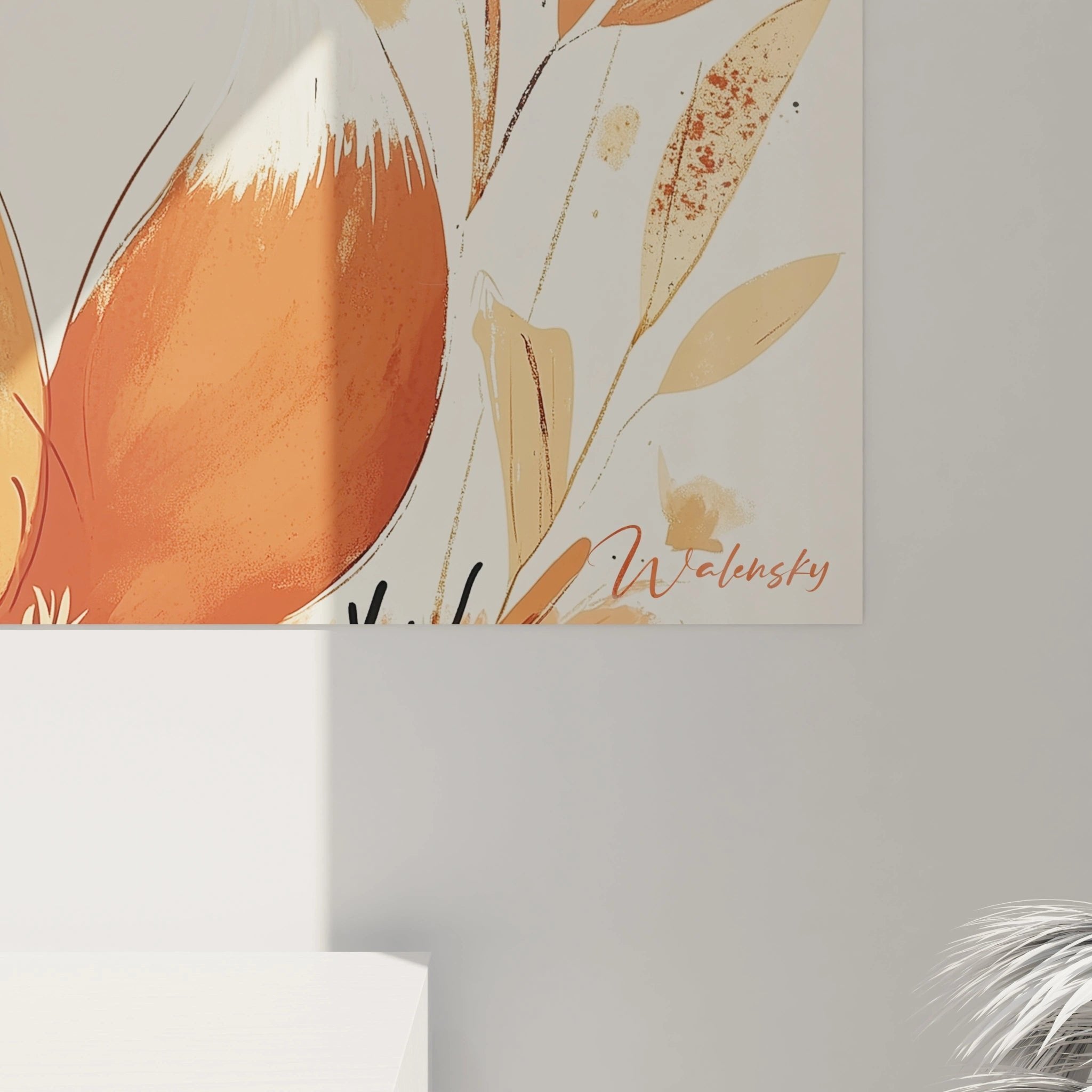 Gesamtansicht Fuchs Wandbild mit botanischen Elementen in warmer Orange-Beige Farbpalette