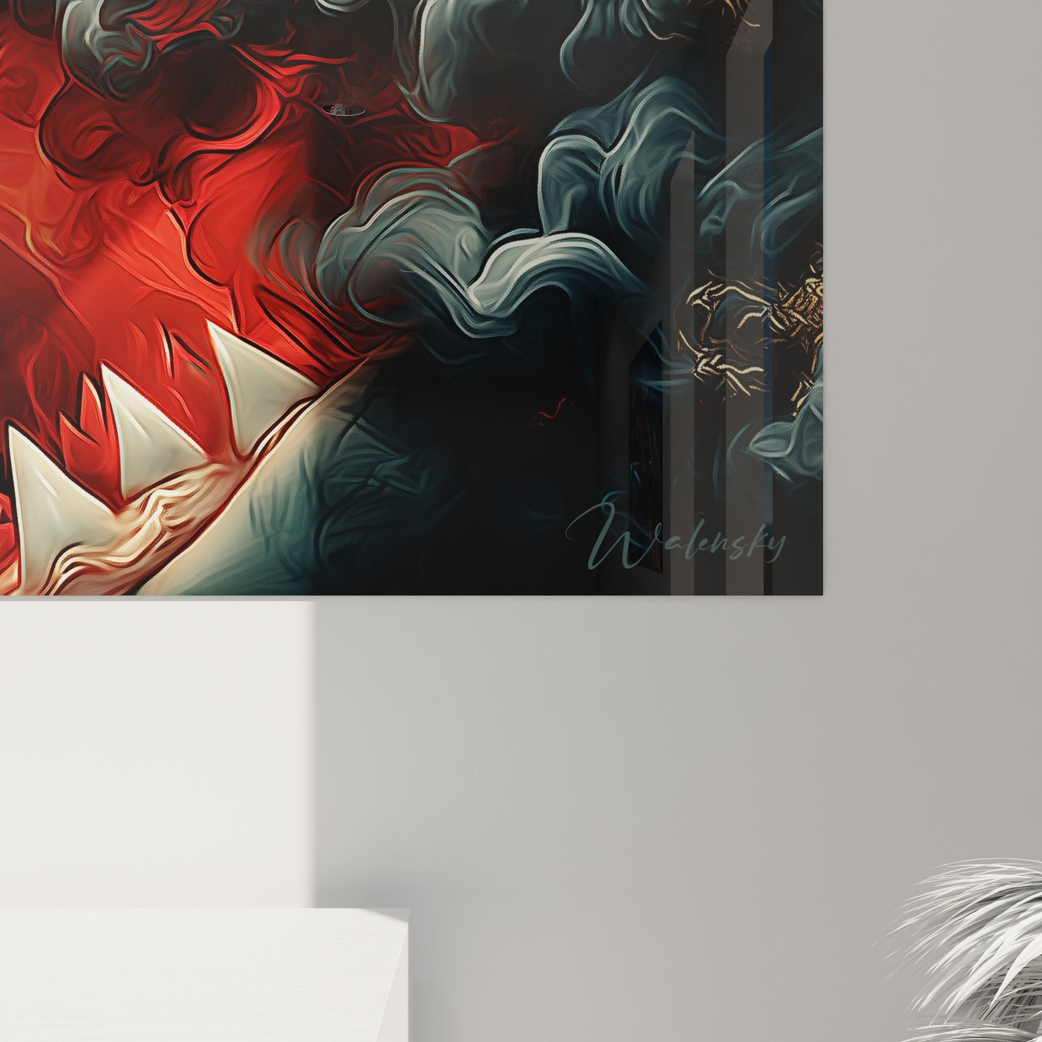 Gesamtansicht Megalodon Wandbild, prähistorischer Riesenhai mit glühenden Zähnen und Dampfwolken, Premium Kunstdruck