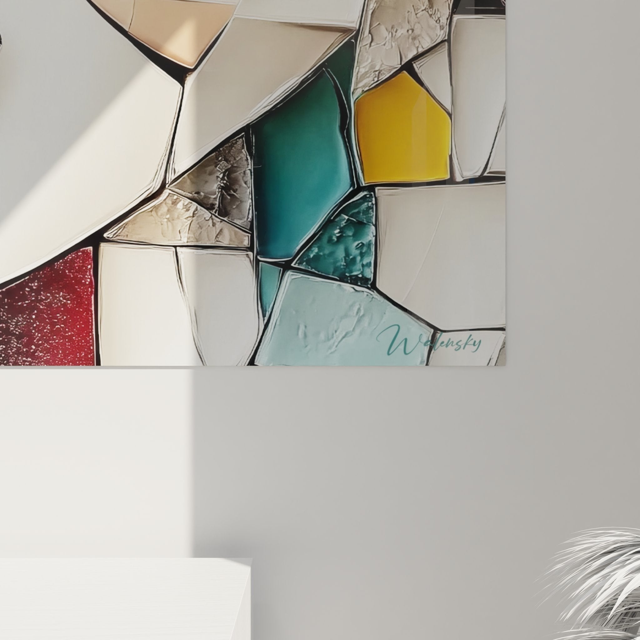 Gesamtansicht des Wandbildes Frauenportrait in Glasmalerei-Optik mit vielfarbigen Mosaiksteinen