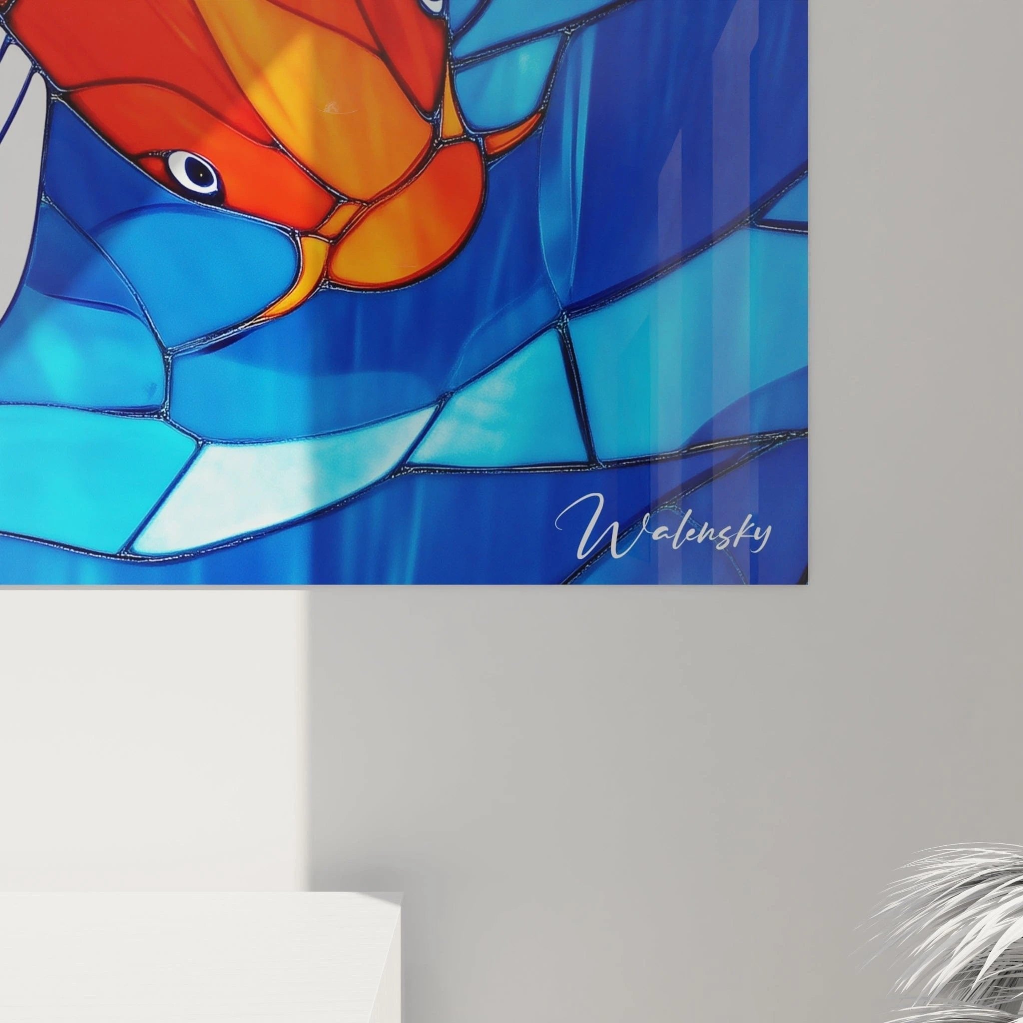 Gesamtansicht des Koi-Wandbildes in Glasmalerei-Optik mit Rahmen und dekorativer Wirkung