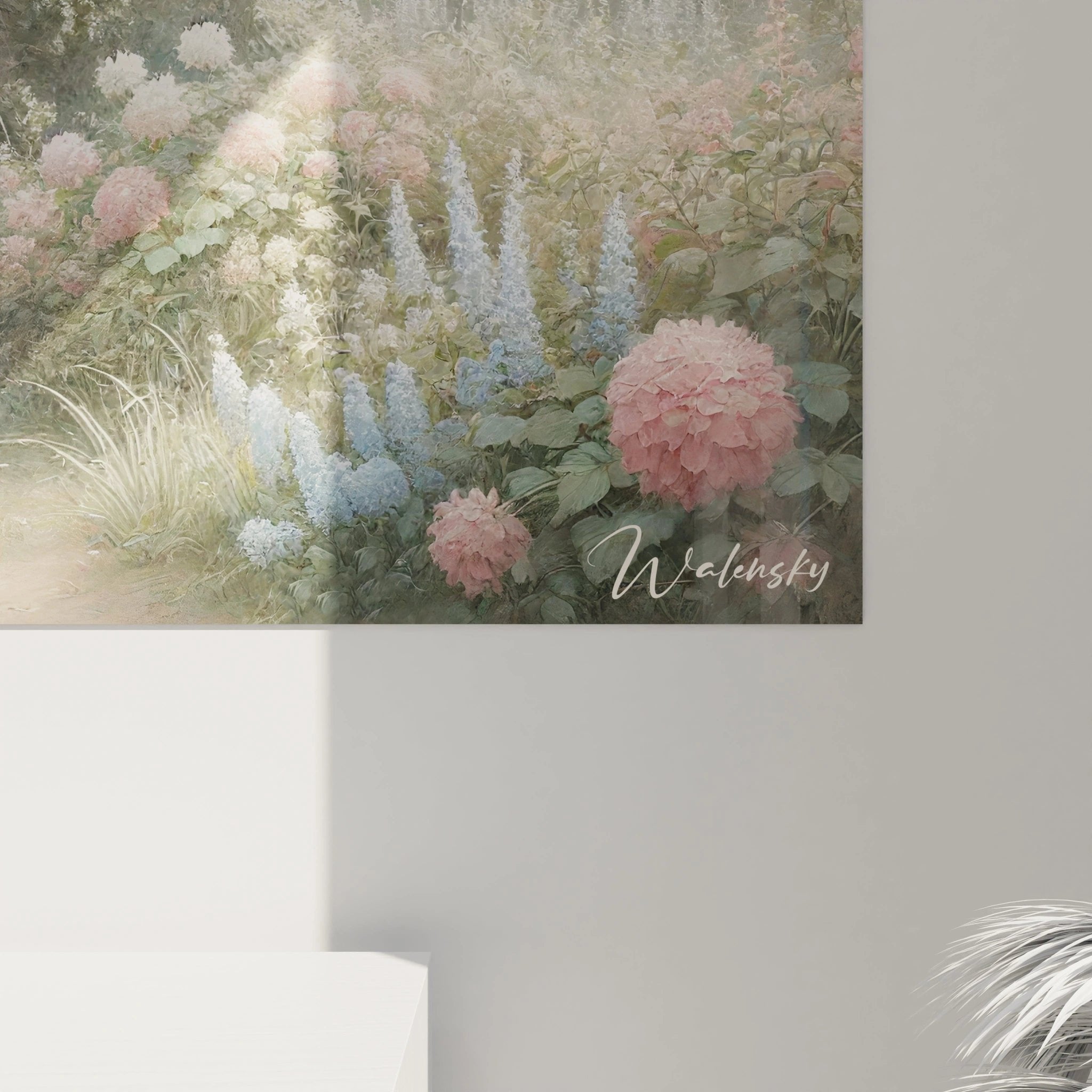 Gesamtansicht des Wandbildes mit romantischer Gartenbrücke und üppiger Blütenpracht