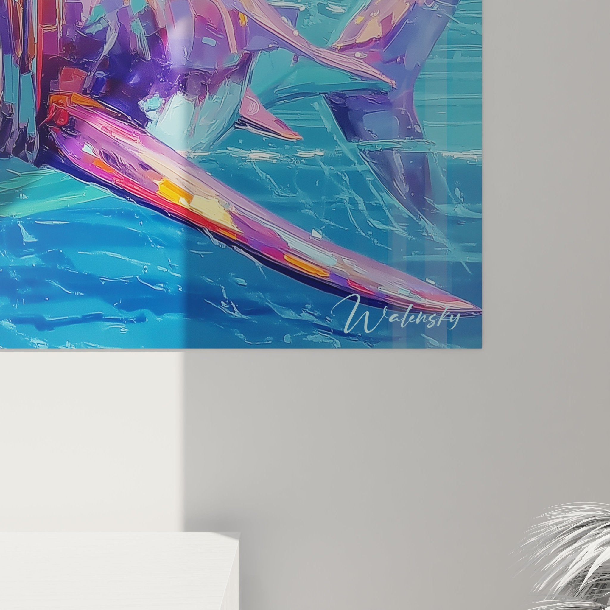 Gesamtansicht des expressionistischen Megalodon Kunstwerks mit dynamischer Farbkomposition