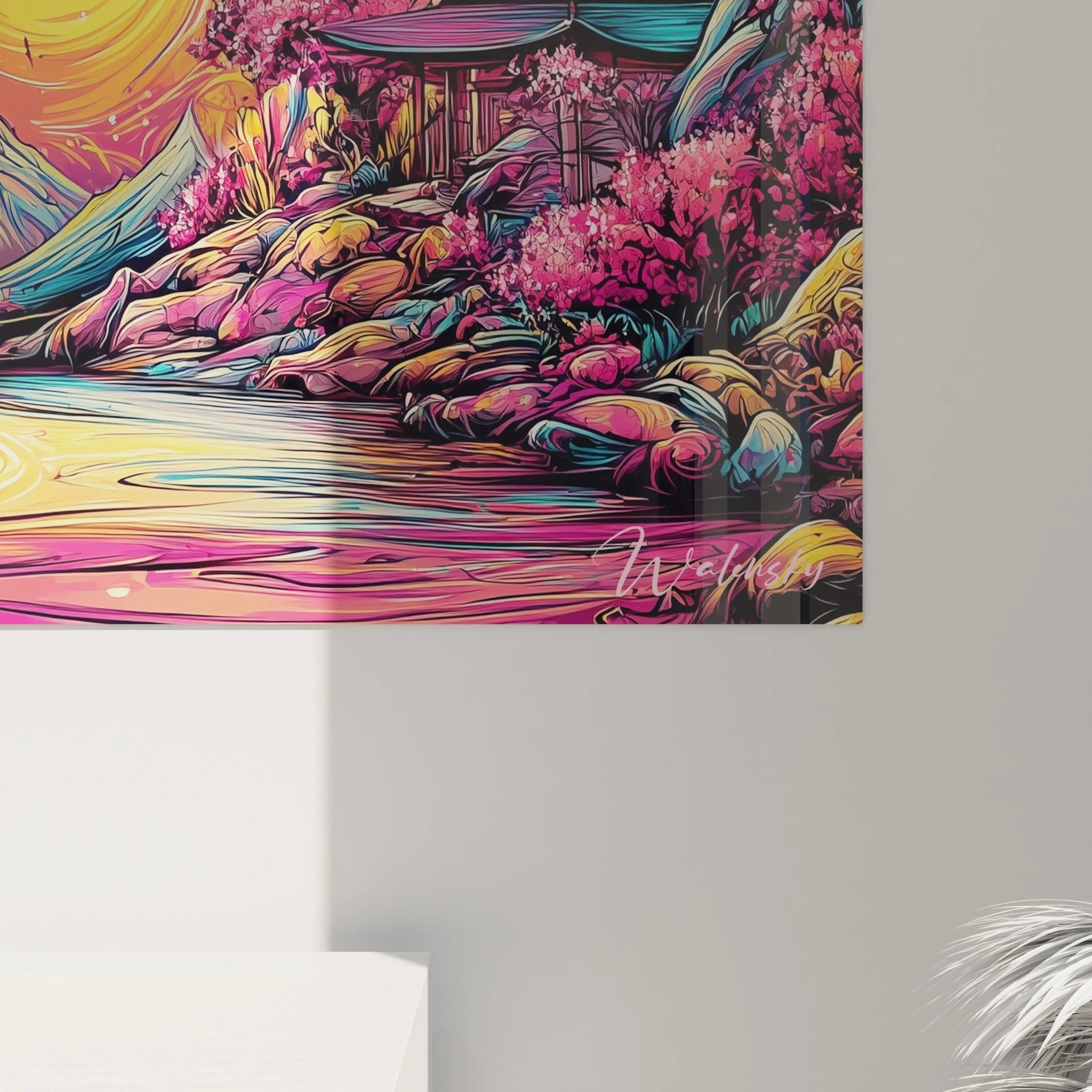 Gesamtansicht des japanischen Landschafts-Wandbildes mit Pagode, Wellen und explosiven Regenbogenfarben