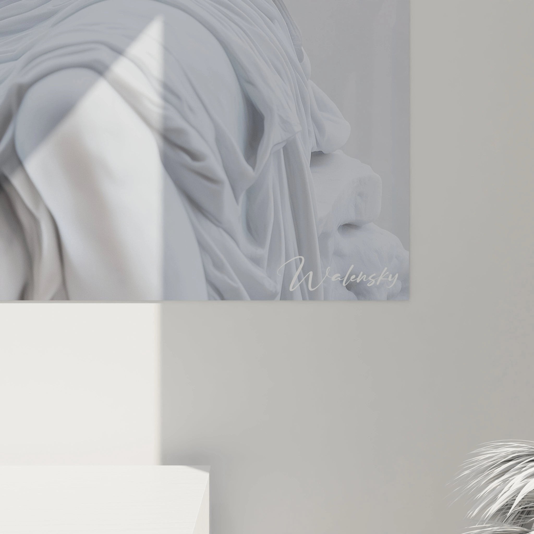 Gesamtansicht des modernen Wandbildes antike Statue mit Eiscreme in weisser Farbgebung