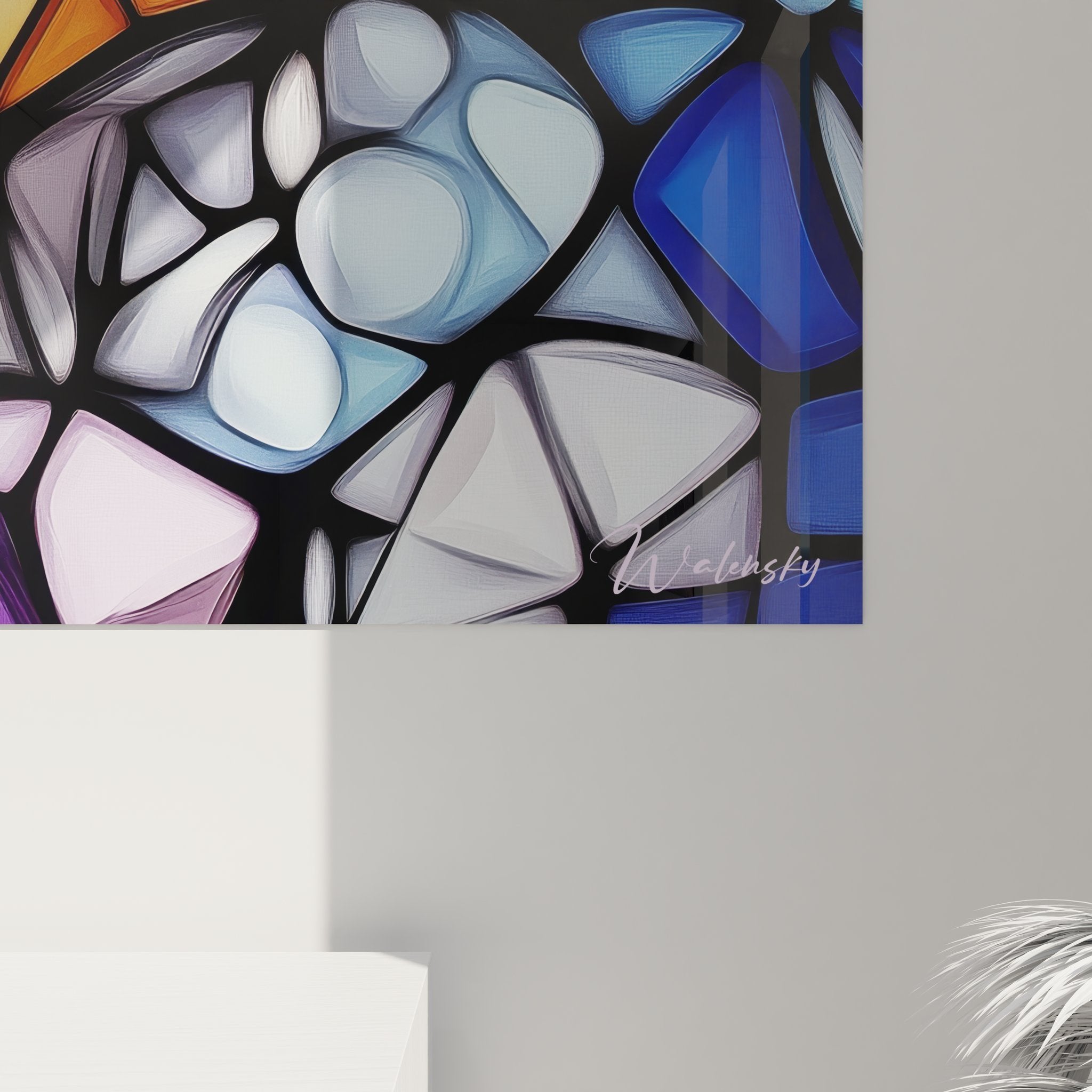 Gesamtansicht des symmetrischen Kaleidoskop Mandala Wandbildes in brillanter Glasmalerei-Optik