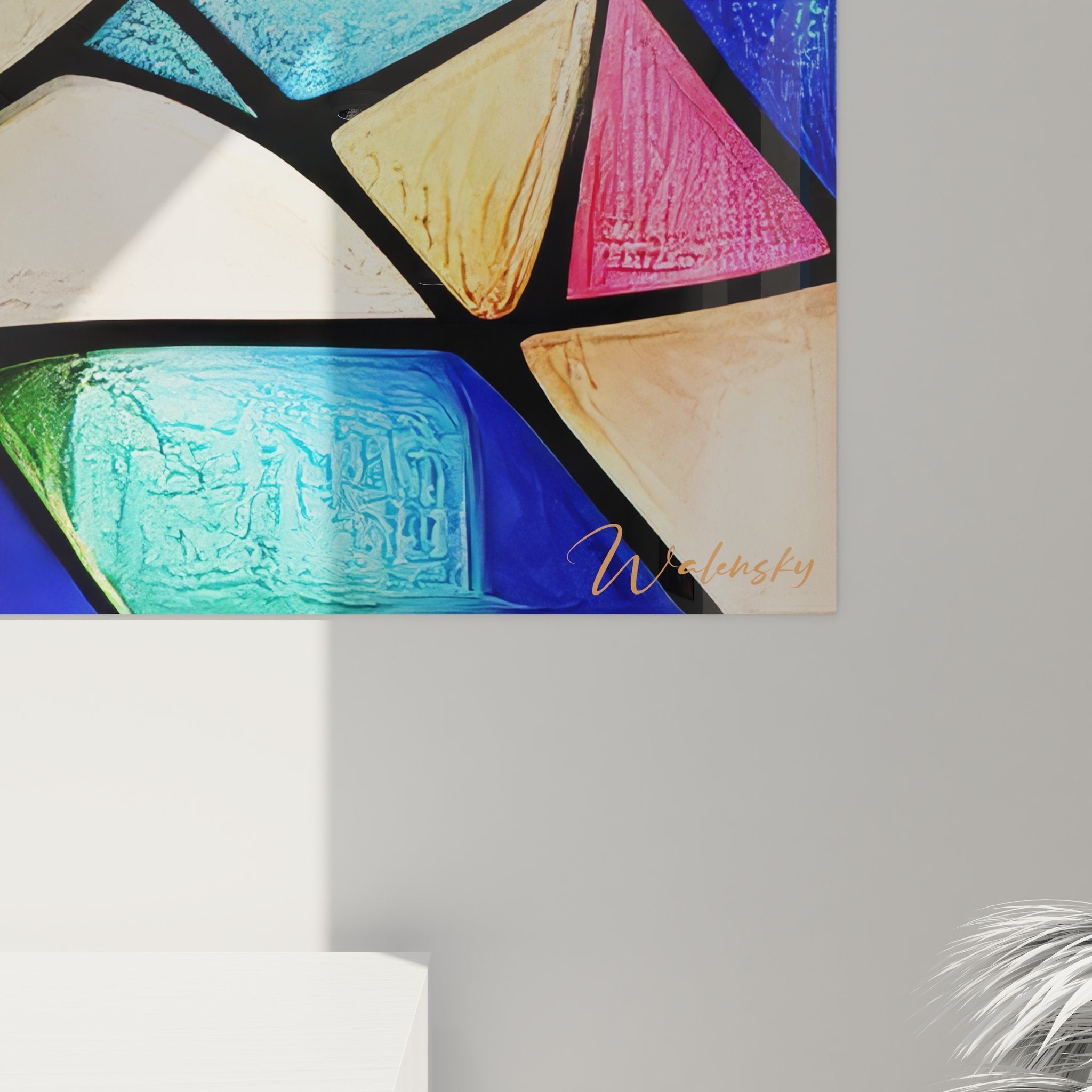 Gesamtansicht des abstrakten Augen-Wandbildes in Glasmalerei-Optik mit kaleidoskopischen Farbmustern