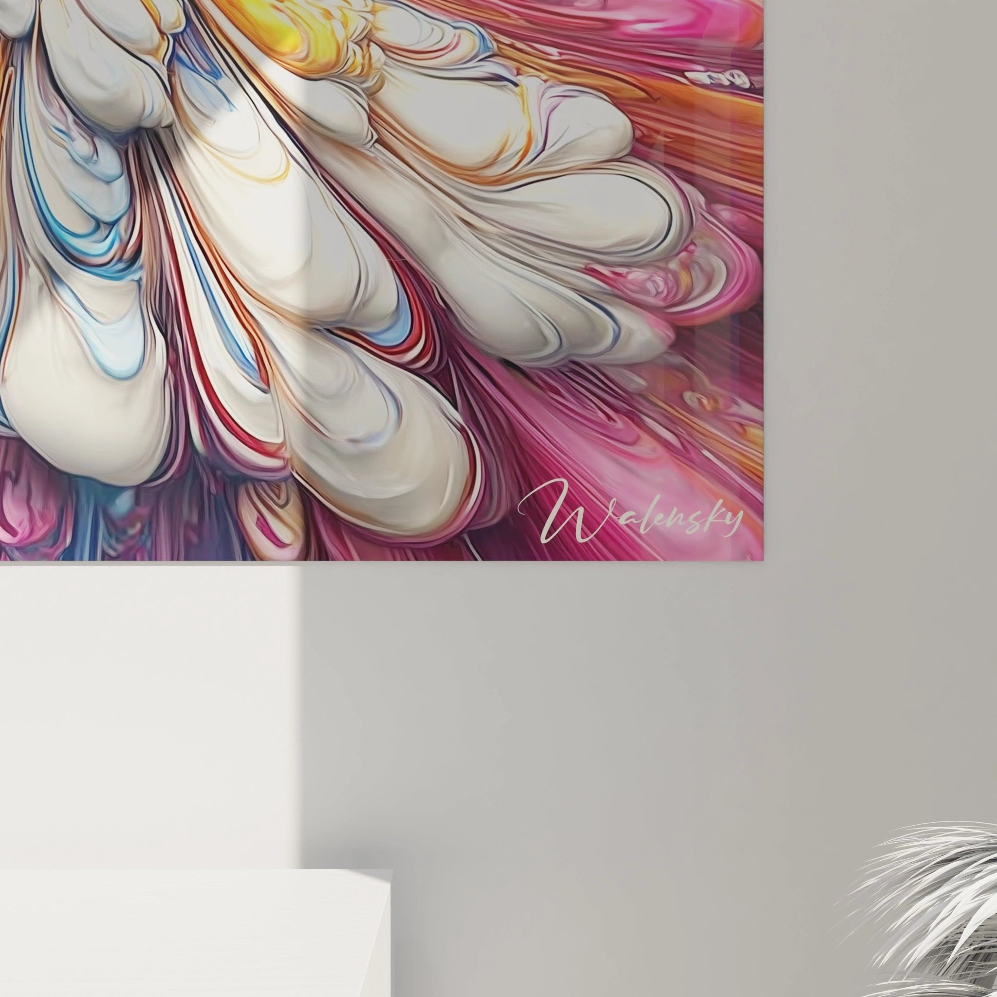 Gesamtansicht des Farbexplosion-Wandbildes mit dynamischen Blütenformen und leuchtender Farbpalette