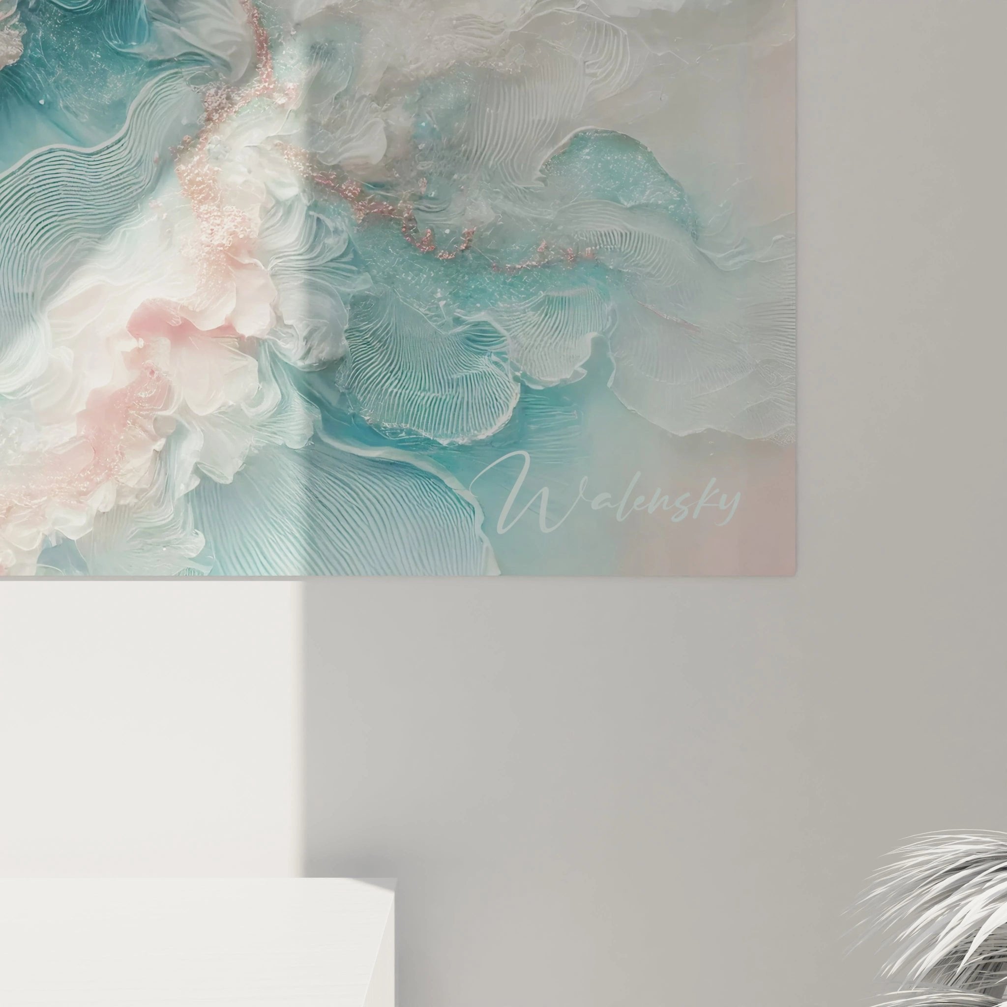 Gesamtansicht des abstrakten Wandbildes Meeresströmung mit fließenden Formen in harmonischer Farbpalette